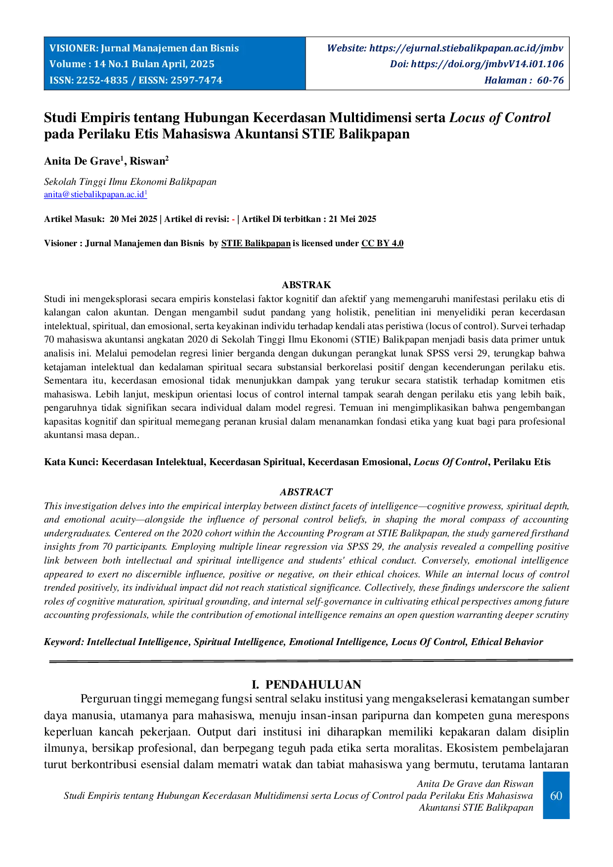 JURIS Empirical Study on the Relationship between Multidimensional Intelligence and Locus of Control on the Ethical Behavior of Accounting Students at STIE Balikpapan