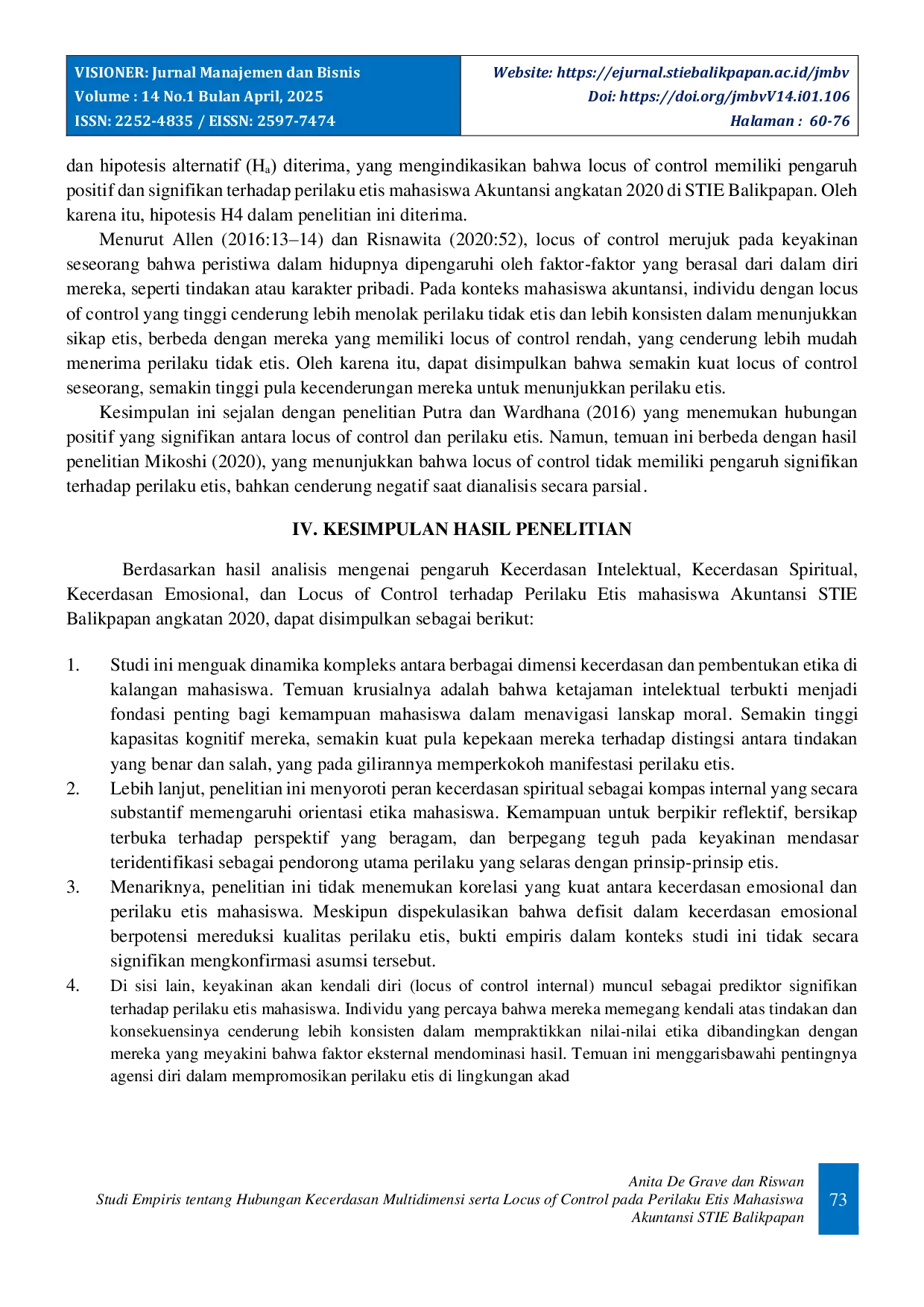 JURIS Empirical Study on the Relationship between Multidimensional Intelligence and Locus of Control on the Ethical Behavior of Accounting Students at STIE Balikpapan