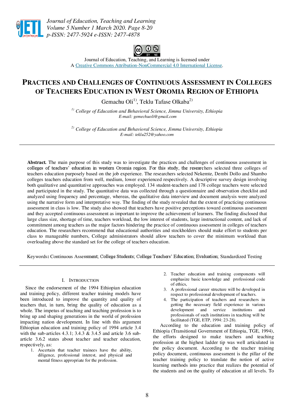 juris Practices and Challenges of Continuous Assessment in Colleges of Teachers Education in West Oromia Region of Ethiopia
