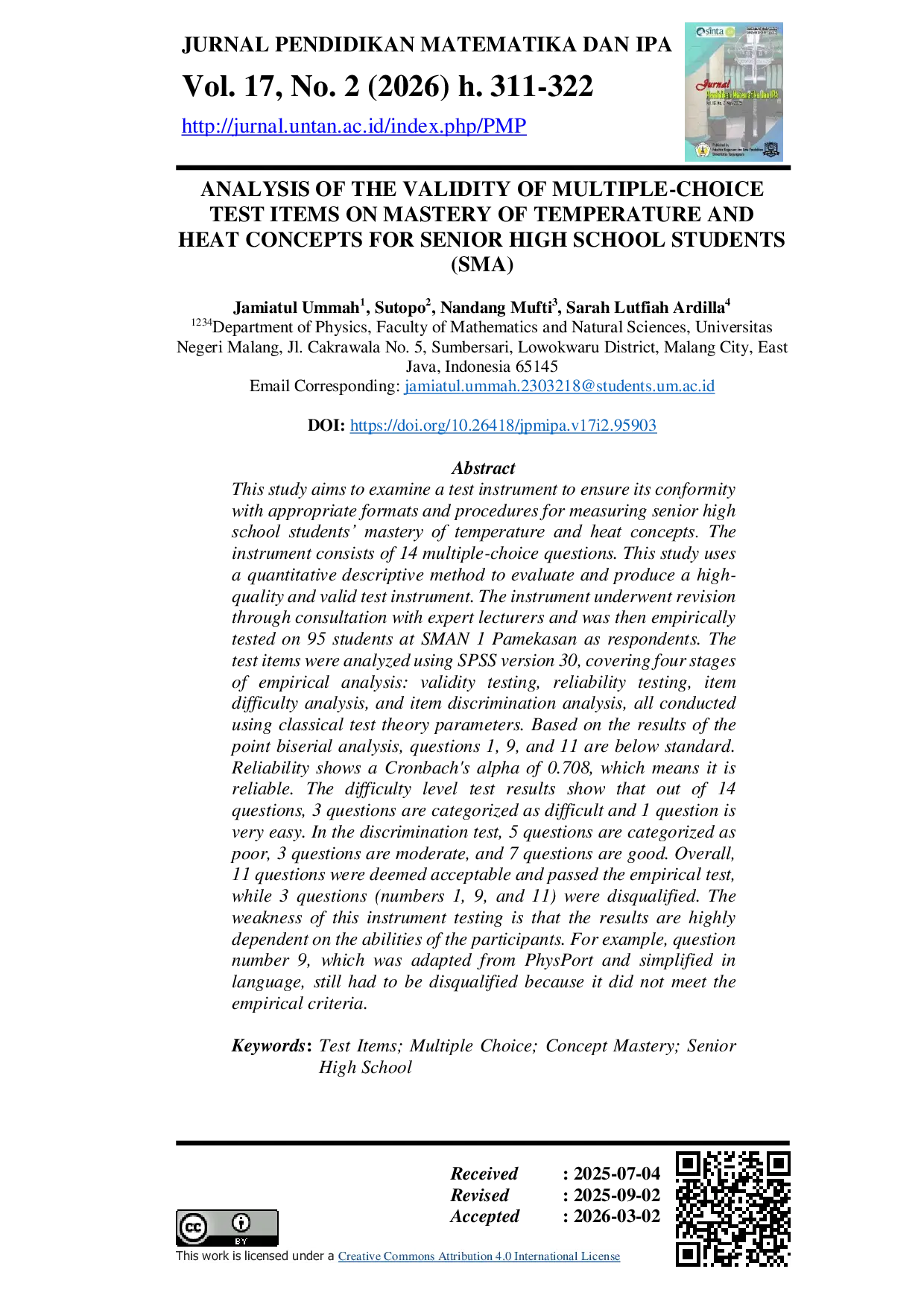 JURIS Analysis of the Validity of Multiple Choice Test Items on Mastery of Temperature and Heat Concepts for Senior High School Students SMA