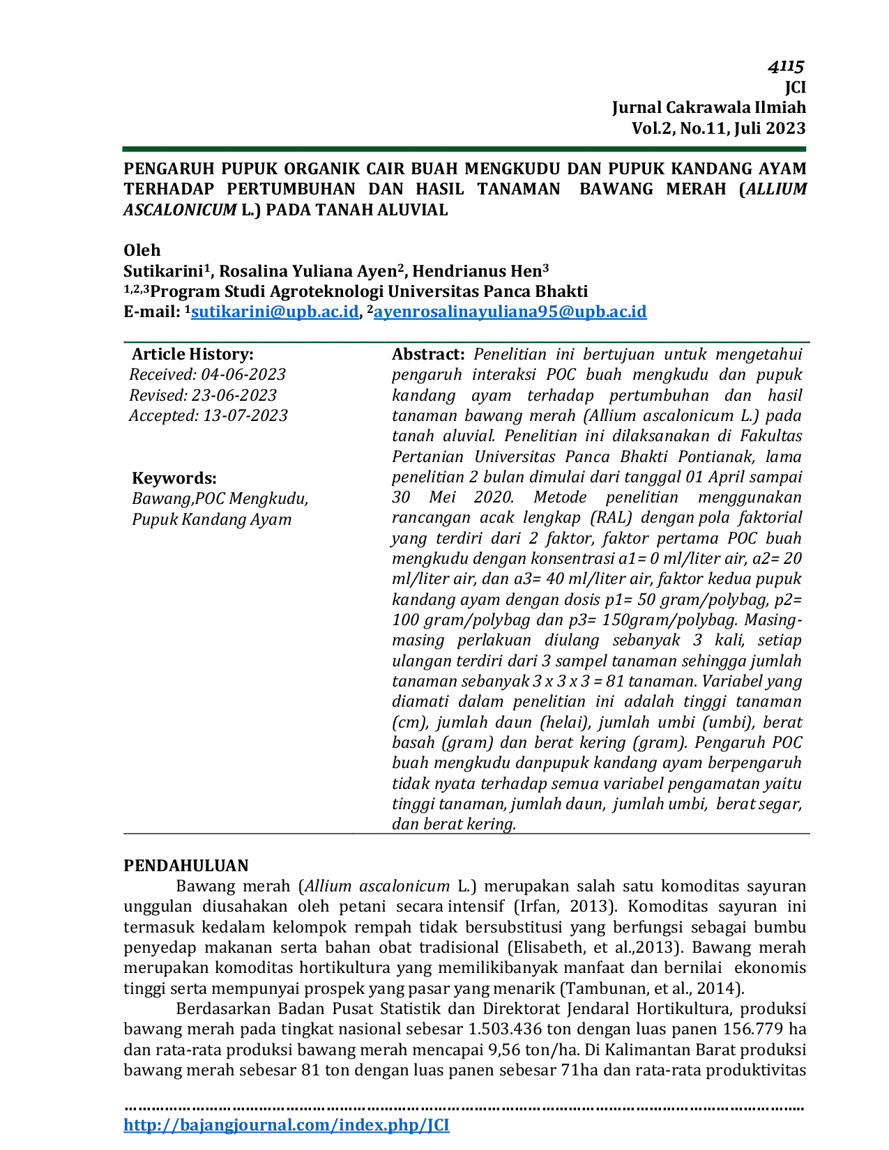 JURIS Pengaruh Pupuk Organik Cair Buah Mengkudu Dan Pupuk Kandang Ayam Terhadap Pertumbuhan Dan Hasil Tanaman Bawang Merah Allium Ascalonicum L Pada Tanah Aluvial