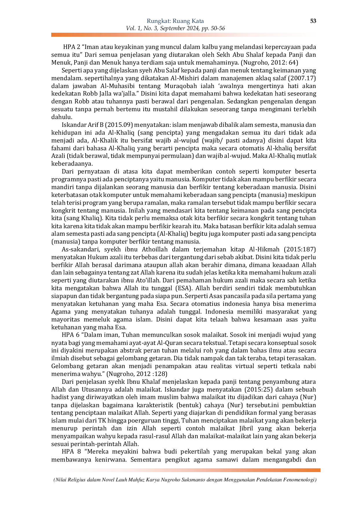 JURIS Nilai Religius dalam Novel Lauh Mahfuz Karya Nugroho Suksmanto dengan Menggunakan Pendekatan Fenomenologi