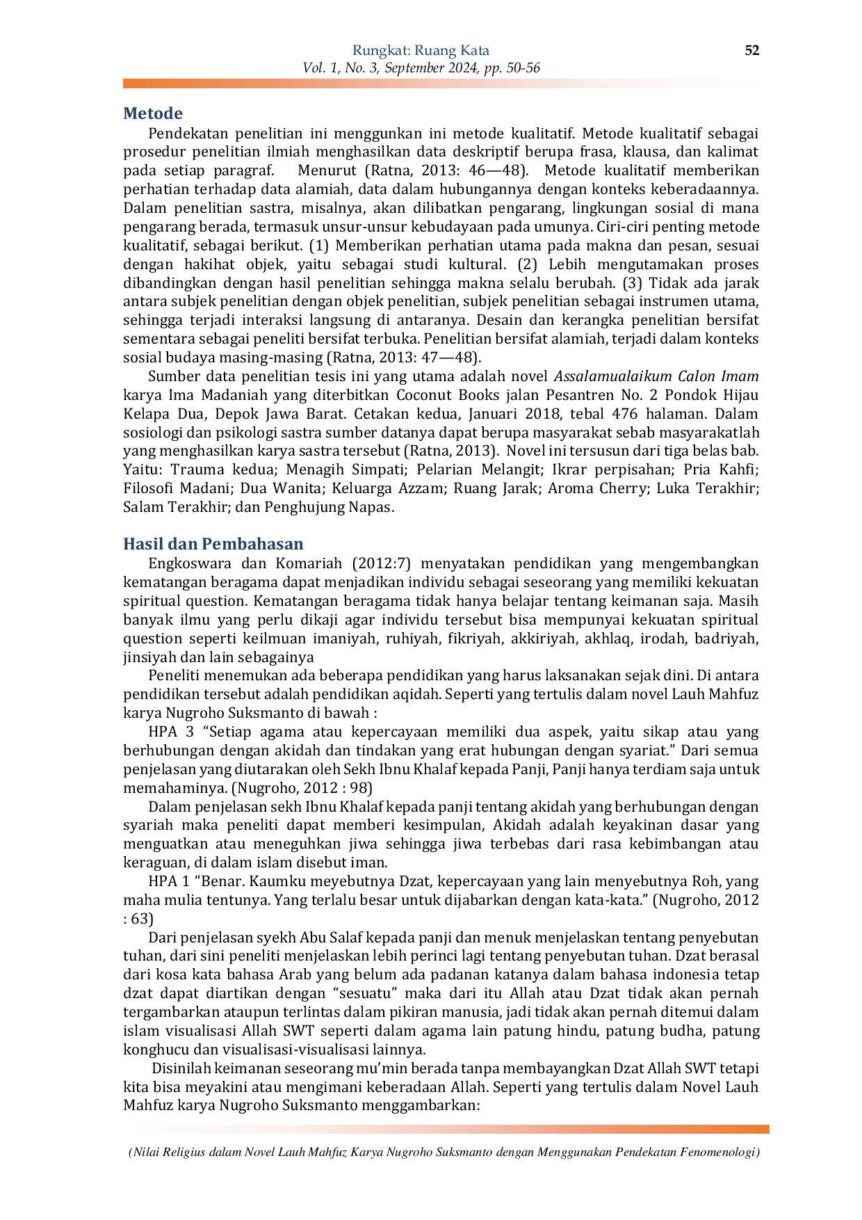 JURIS Nilai Religius dalam Novel Lauh Mahfuz Karya Nugroho Suksmanto dengan Menggunakan Pendekatan Fenomenologi