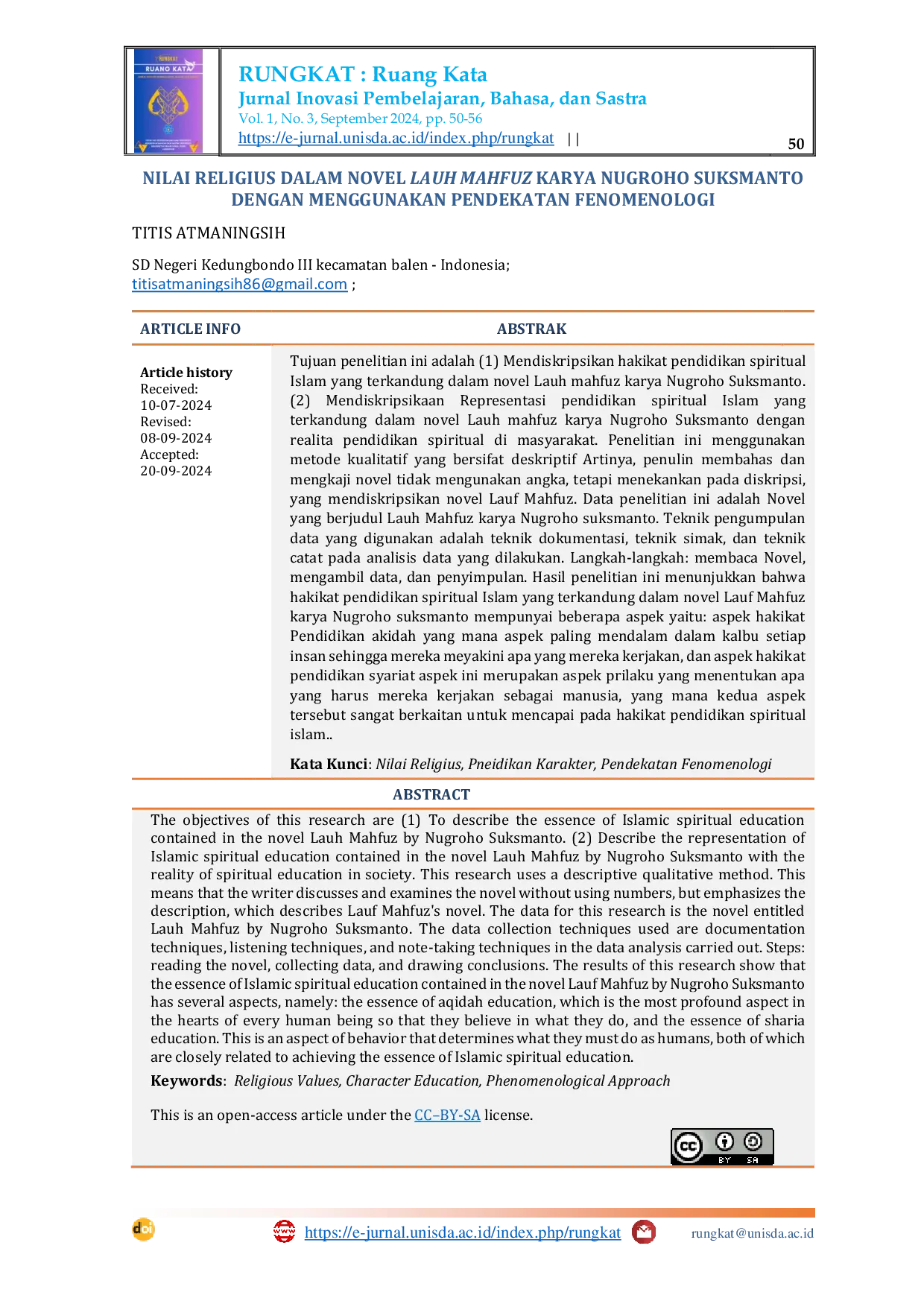 JURIS Nilai Religius dalam Novel Lauh Mahfuz Karya Nugroho Suksmanto dengan Menggunakan Pendekatan Fenomenologi
