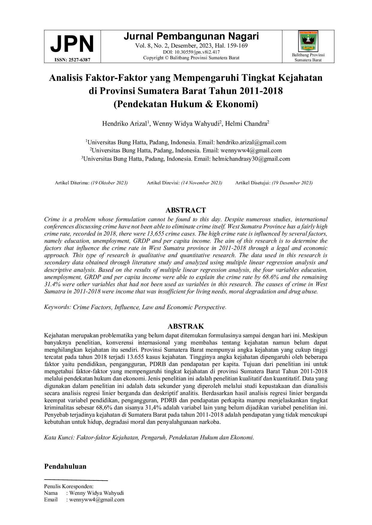 JURIS Analisis Faktor Faktor yang Mempengaruhi Tingkat Kejahatan di Provinsi Sumatera Barat Tahun 2011 2018 Pendekatan Hukum Ekonomi