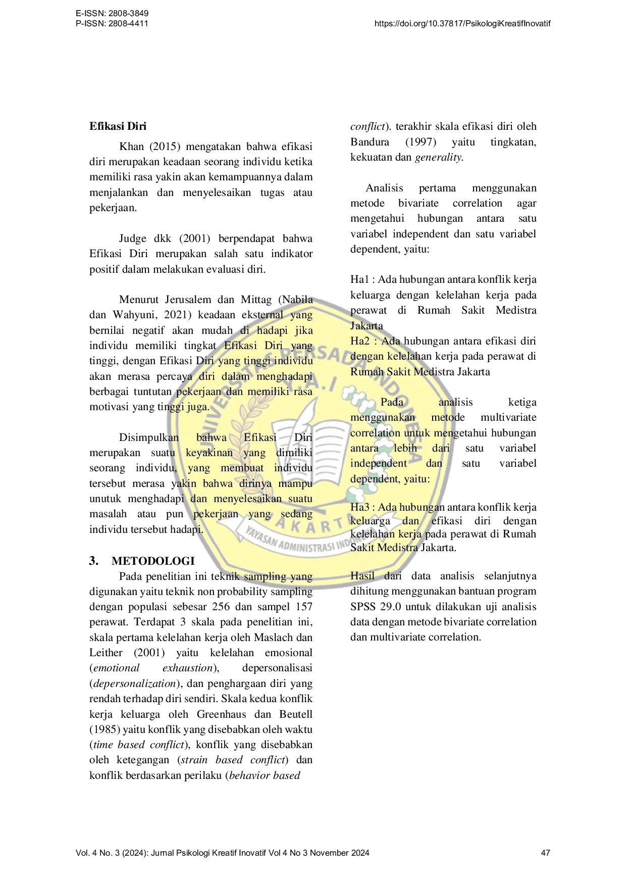 JURIS Hubungan Antara Konflik Kerja Keluarga Dan Efikasi Diri Dengan Kelelahan Kerja Pada Perawat Di Rumah Sakit Medistra Jakarta