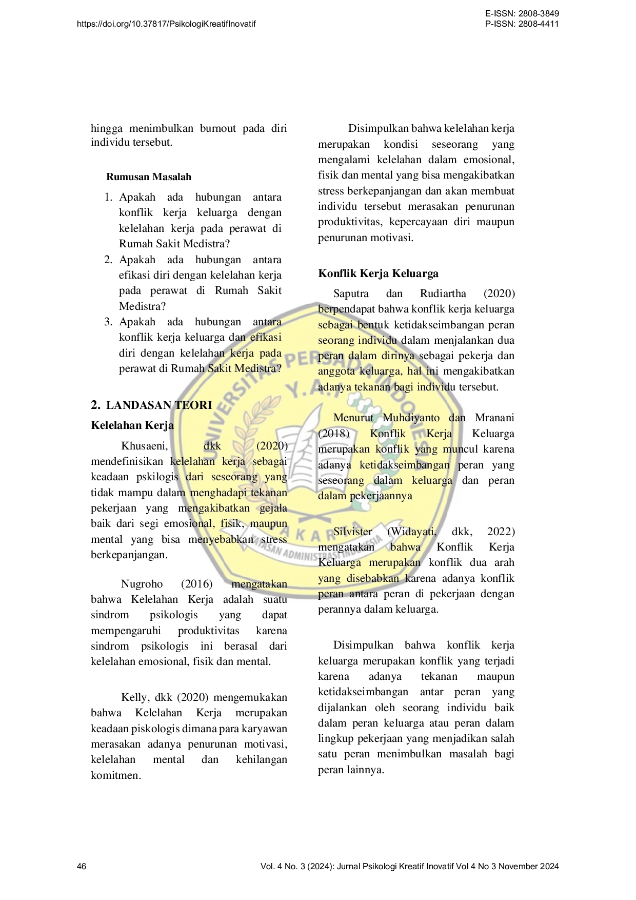 JURIS Hubungan Antara Konflik Kerja Keluarga Dan Efikasi Diri Dengan Kelelahan Kerja Pada Perawat Di Rumah Sakit Medistra Jakarta