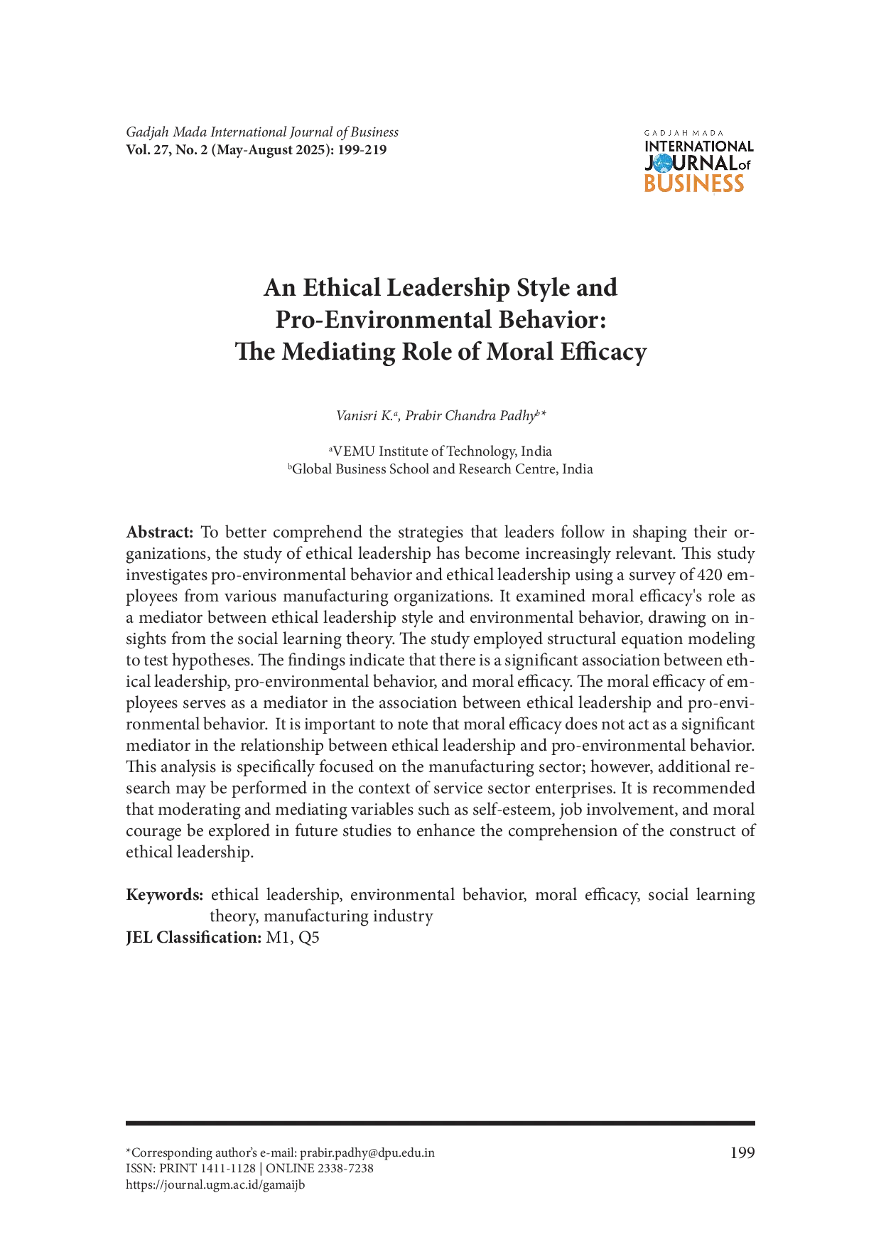JURIS An Ethical Leadership Style and Pro Environmental Behavior The Mediating Role of Moral Efficacy