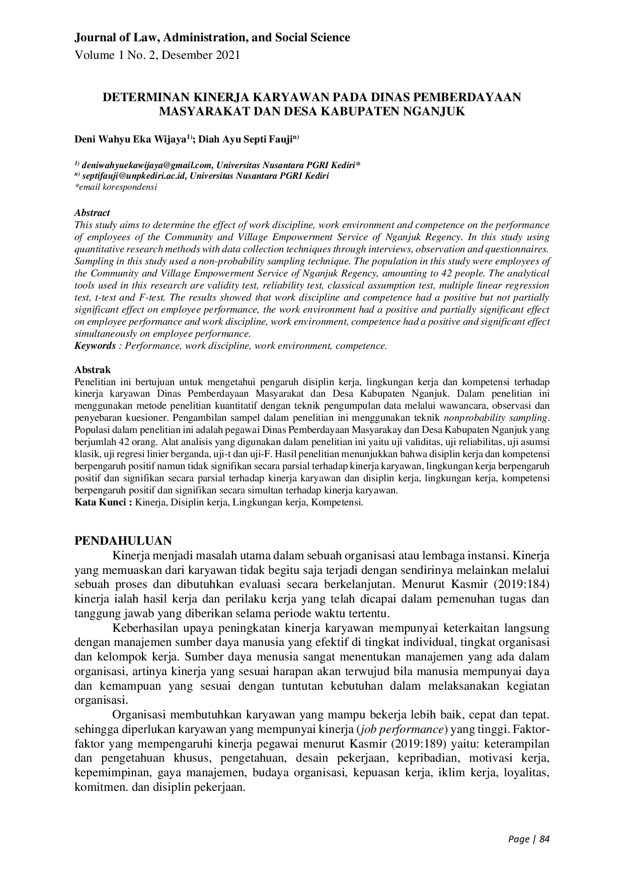 JURIS Determinan Kinerja Karyawan Pada Dinas Pemberdayaan Masyarakat Dan Desa Kabupaten Nganjuk