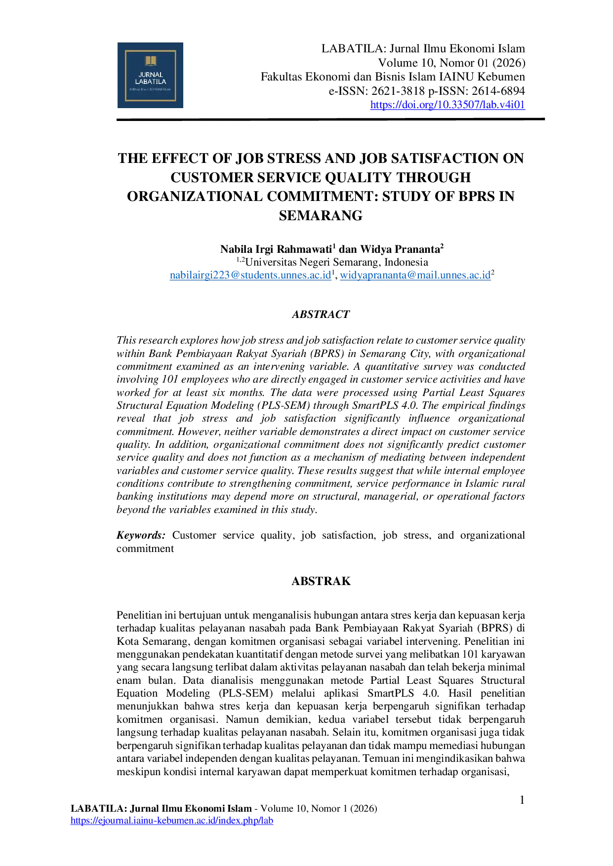 JURIS The Effect of Job Stress and Job Satisfaction on Customer Service Quality Through Organizational Commitment Study of BPRS in Semarang