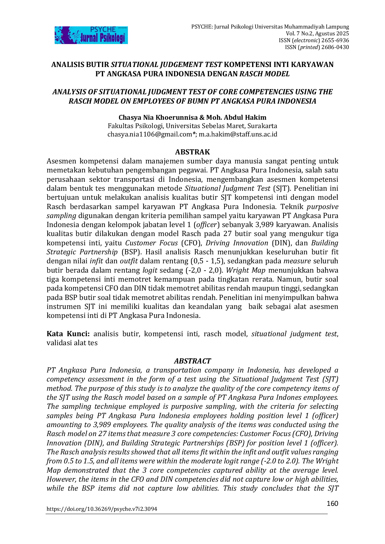 JURIS Analisis Butir Situational Judgement Test Kompetensi Inti Karyawan PT Angkasa Pura Indonesia Dengan Rasch Model