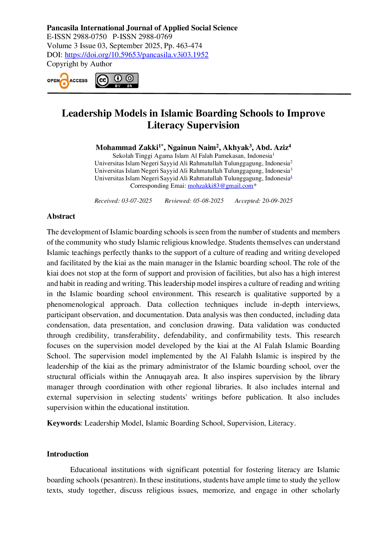 JURIS Leadership Models in Islamic Boarding Schools to Improve Literacy Supervision