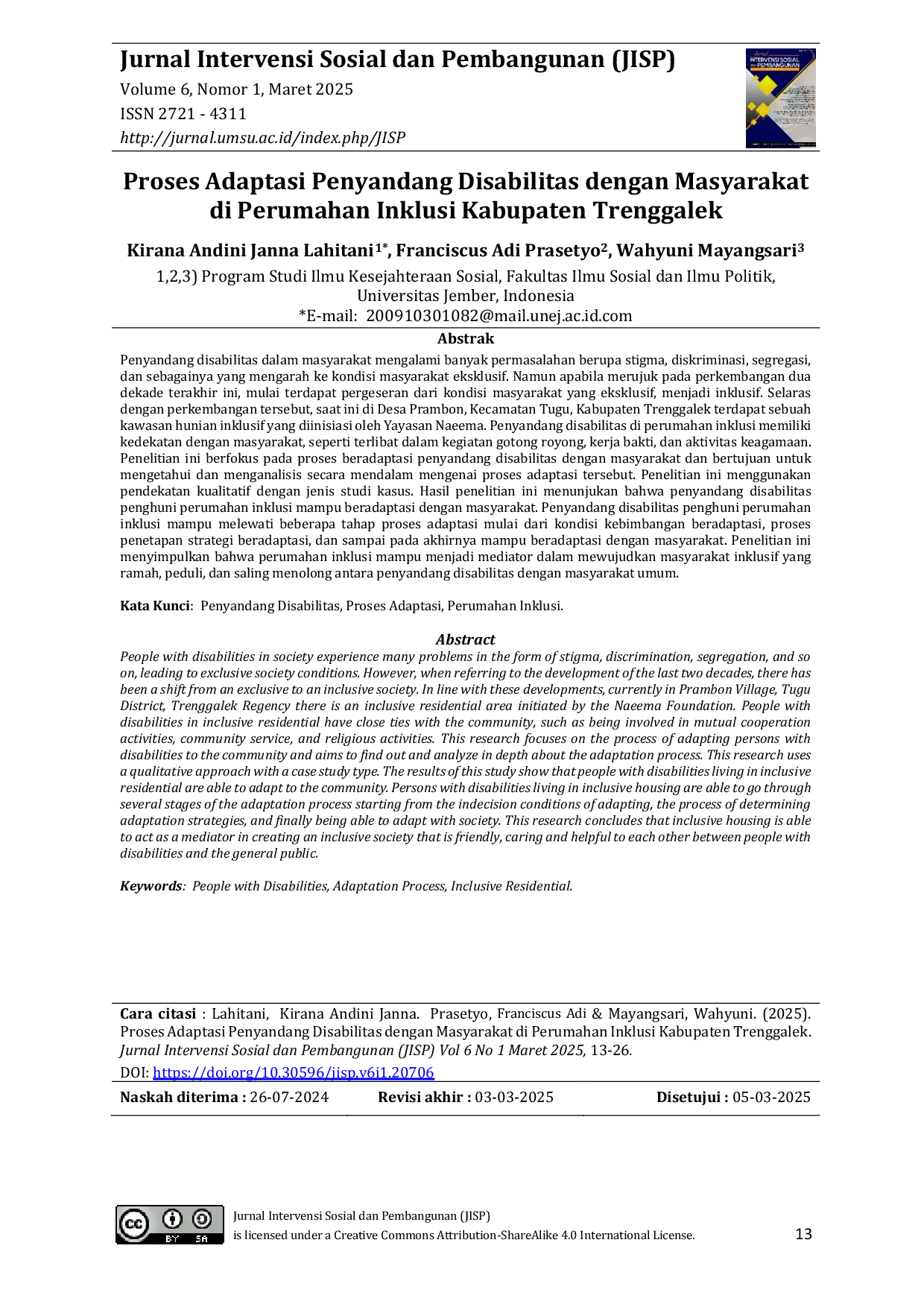 JURIS Proses Adaptasi Penyandang Disabilitas dengan Masyarakat di Perumahan Inklusi Kabupaten Trenggalek
