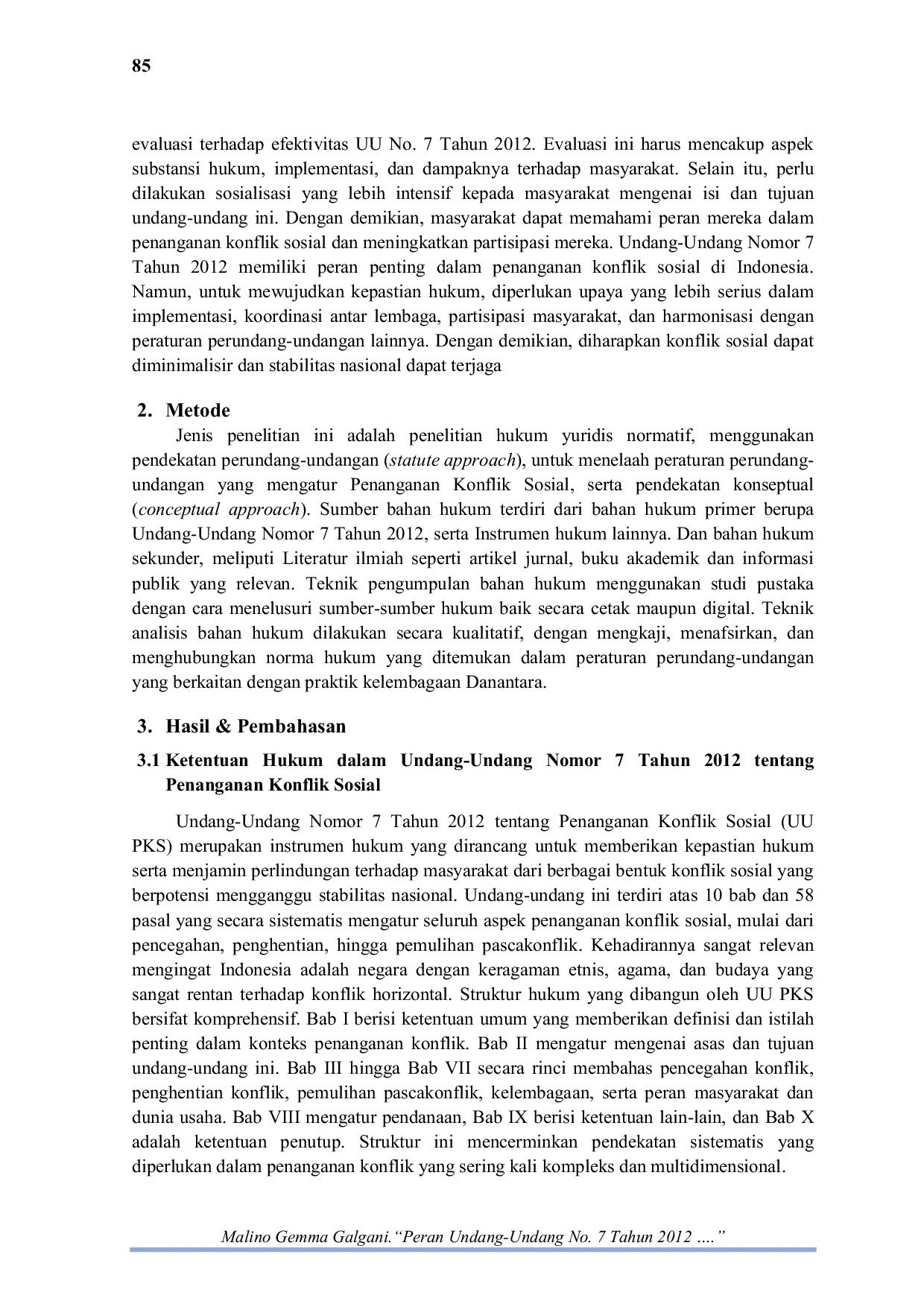 JURIS Peran Undang Undang No 7 Tahun 2012 dalam Penanganan Konflik Sosial Tinjauan Kepastian Hukum