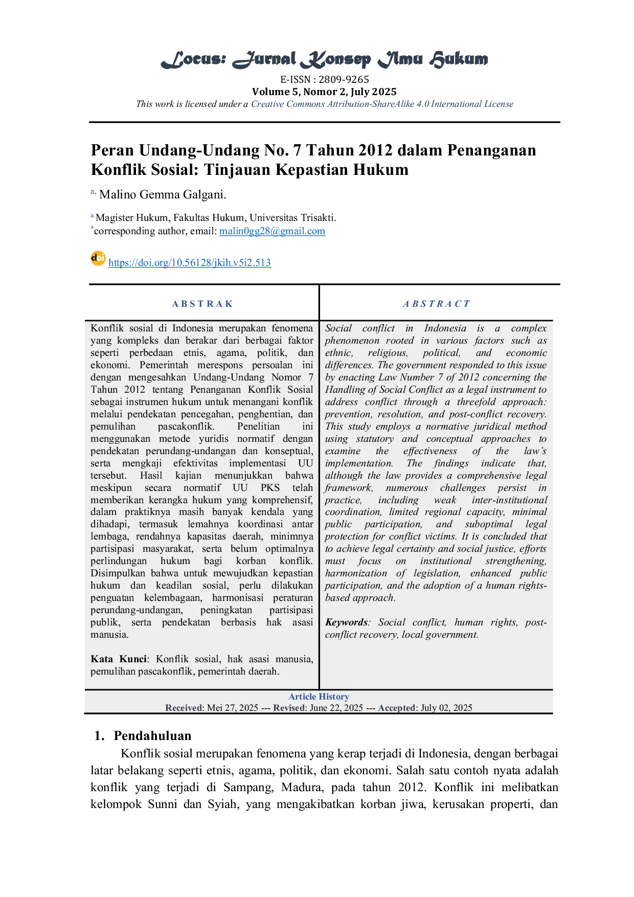 JURIS Peran Undang Undang No 7 Tahun 2012 dalam Penanganan Konflik Sosial Tinjauan Kepastian Hukum