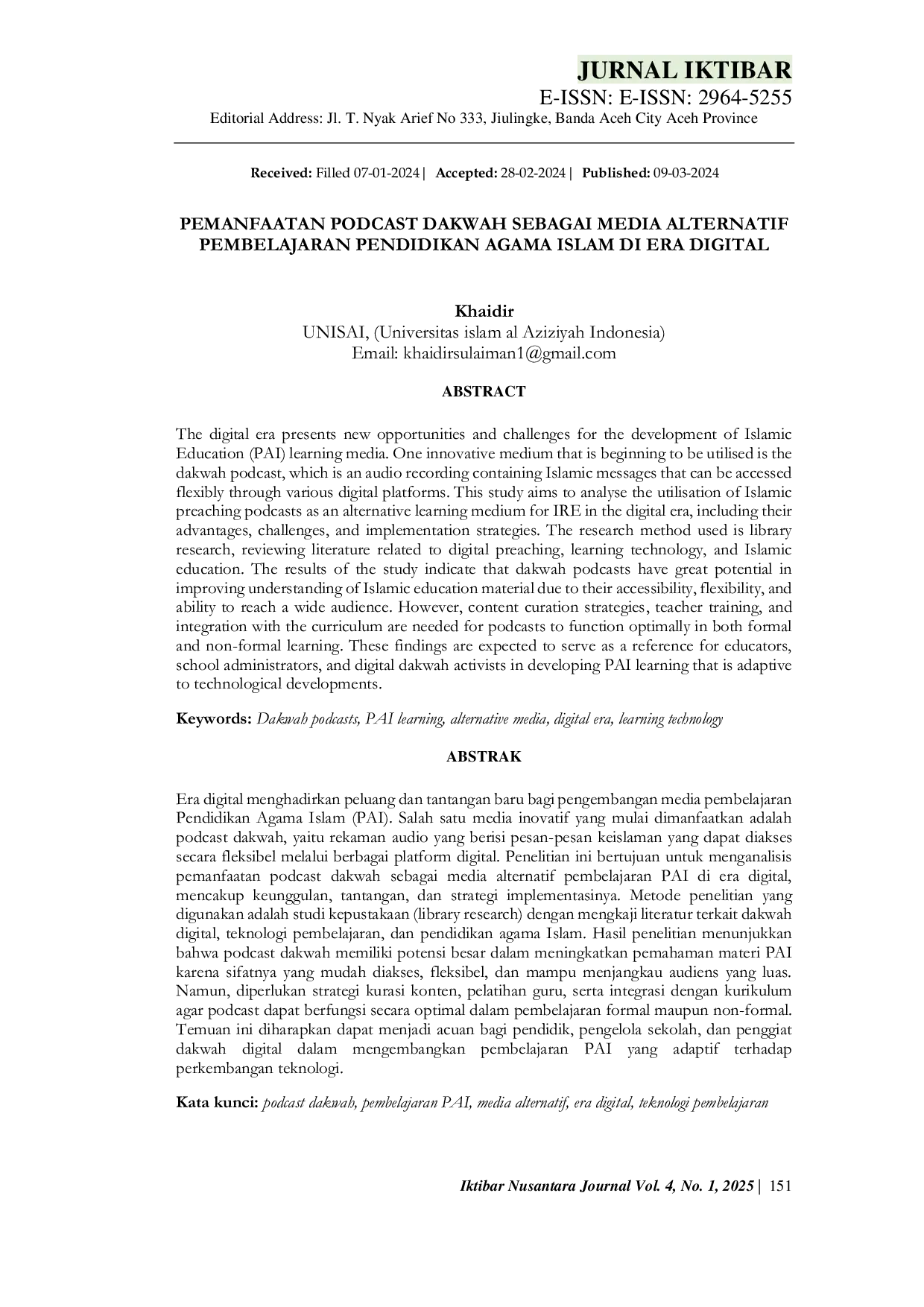 JURIS Pemanfaatan Podcast Dakwah Sebagai Media Alternatif Pembelajaran Pendidikan Agama Islam Di Era Digital