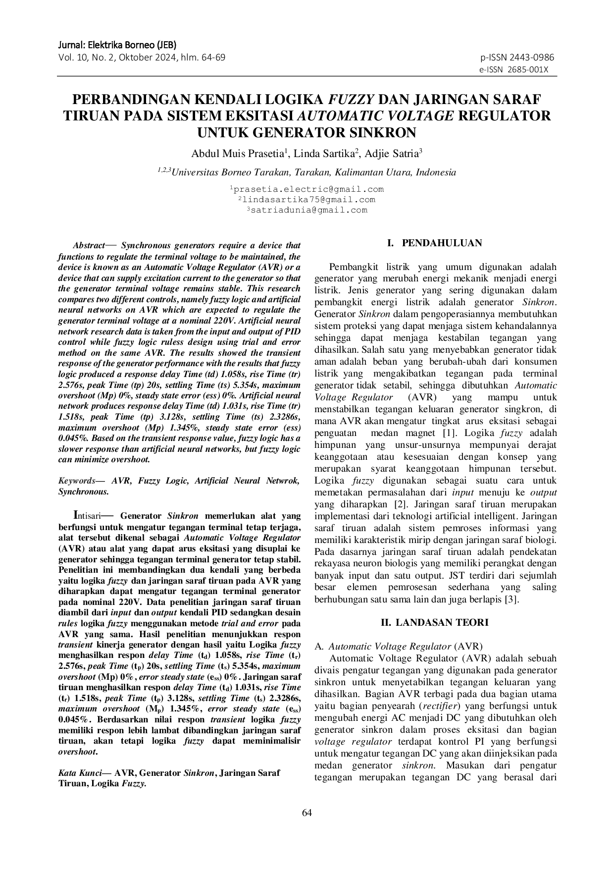 JURIS Perbandingan Kendali Logika Fuzzy Dan Jaringan Saraf Tiruan Pada Sistem Eksitasi Automatic Voltage Regulator Untuk Generator Sinkron