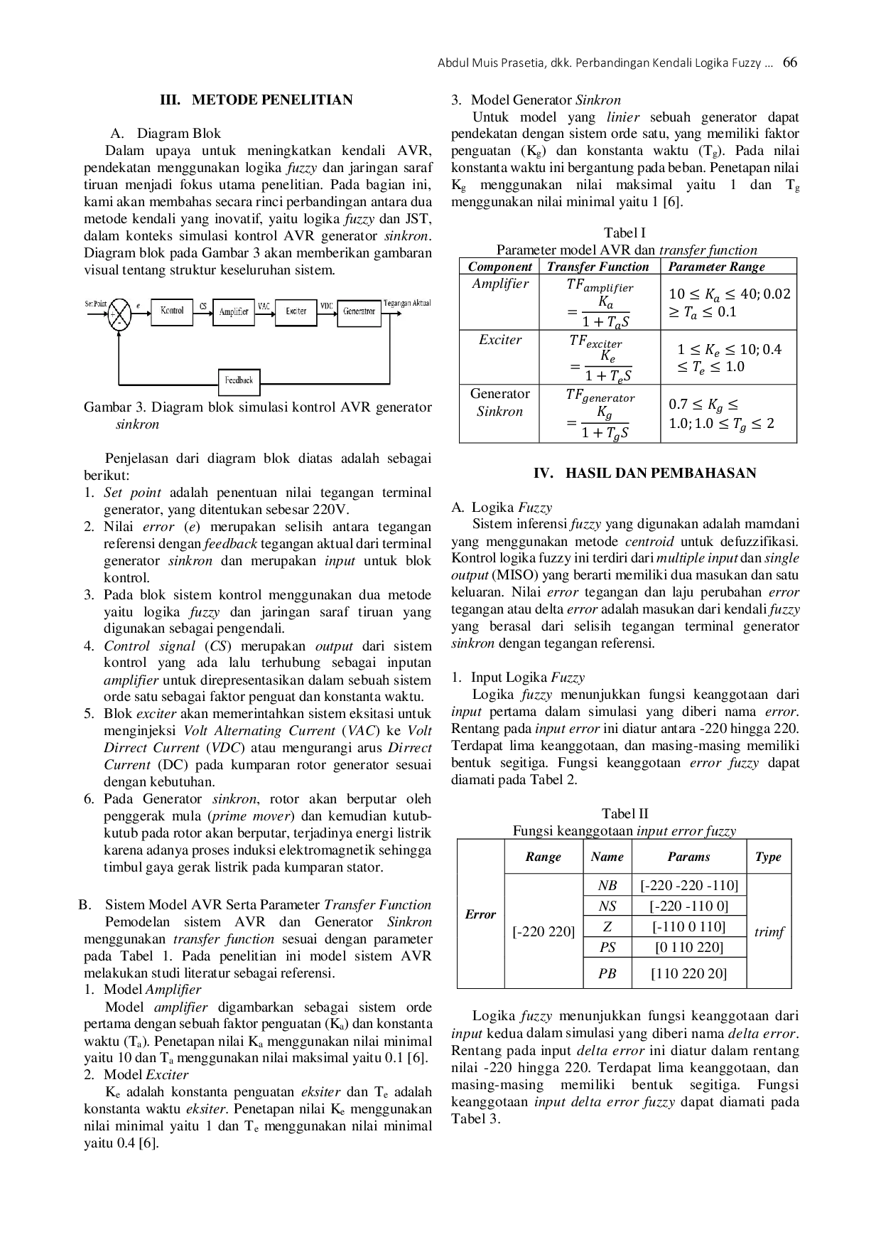 JURIS Perbandingan Kendali Logika Fuzzy Dan Jaringan Saraf Tiruan Pada Sistem Eksitasi Automatic Voltage Regulator Untuk Generator Sinkron