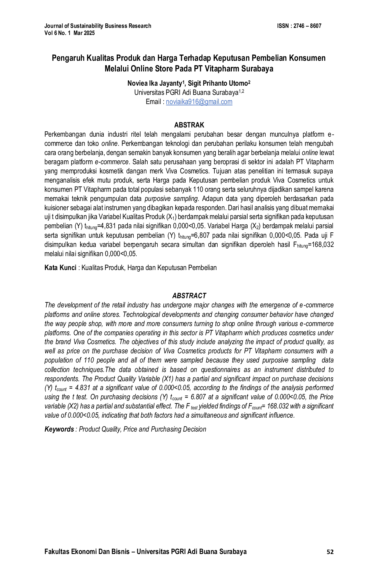 JURIS Pengaruh Kualitas Produk dan Harga Terhadap Keputusan Pembelian Konsumen Melalui Online Store Pada PT Vitapharm Surabaya