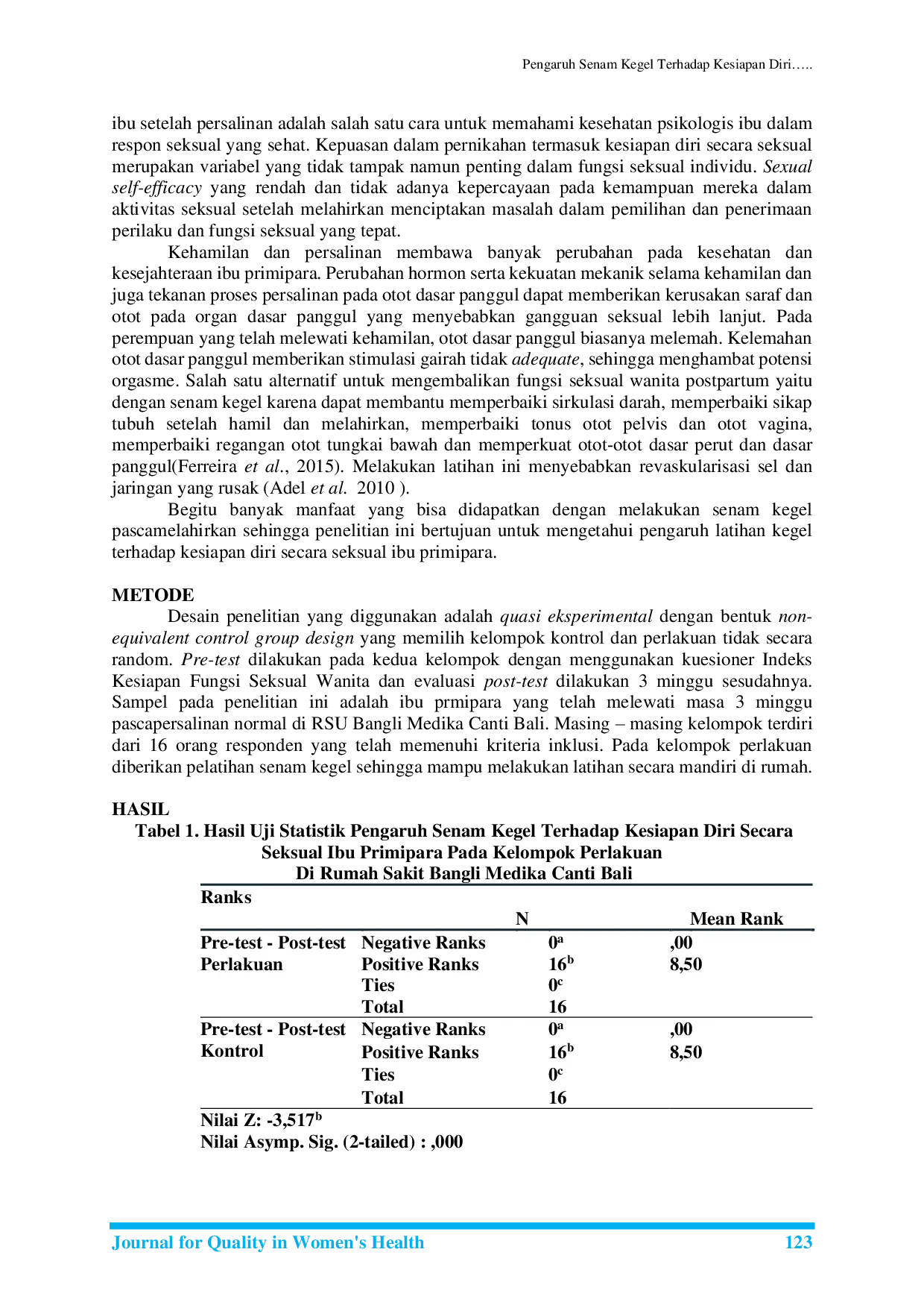 JURIS Pengaruh Senam Kegel Terhadap Kesiapan Diri Secara Seksual Ibu Primipara Di Rumah Sakit Umum Bangli Medika Canti Bali Tahun 2019