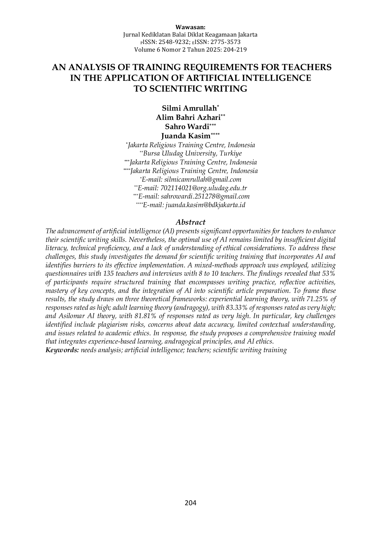 JURIS An Analysis of Training Requirements for Teachers in the Application of Artificial Intelligence to Scientific Writing