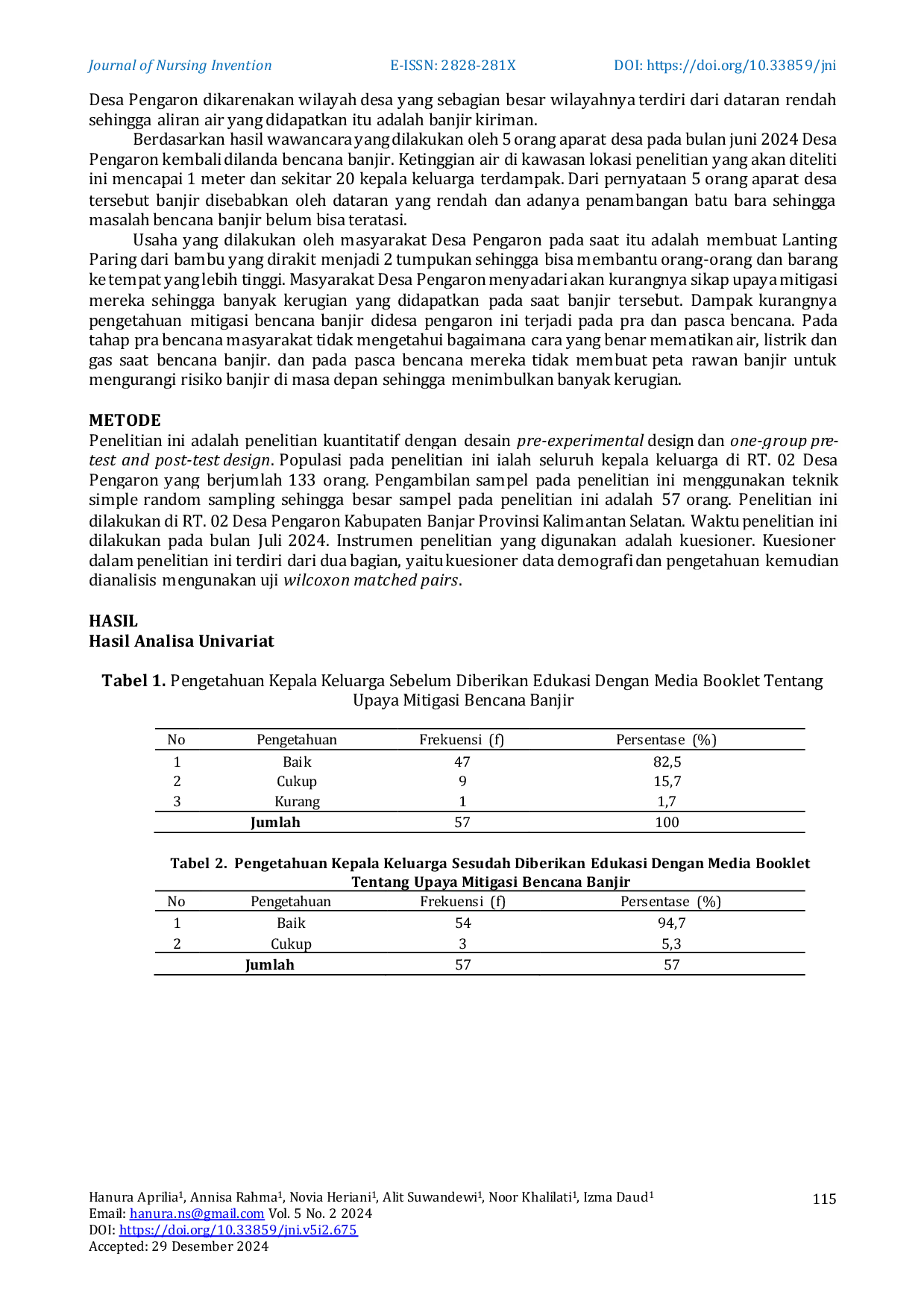 JURIS Pengaruh Edukasi Melalui Media Booklet Terhadap Pengetahuan Kepala Keluarga Tentang Upaya Mitigasi Bencana Banjir di Desa Pengaron