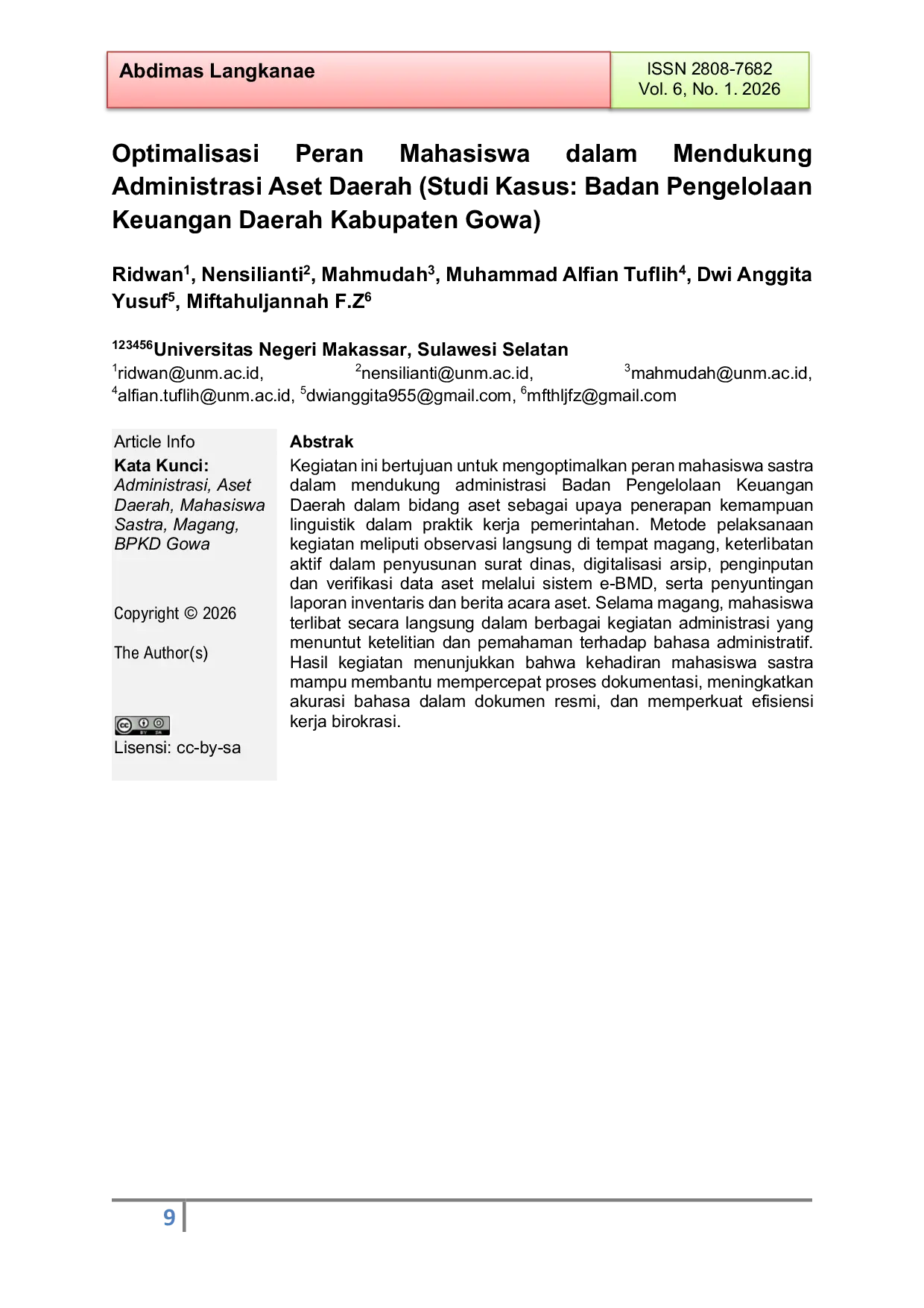 JURIS Optimalisasi Peran Mahasiswa dalam Mendukung Administrasi Aset Daerah Studi Kasus Badan Pengelolaan Keuangan Daerah Kabupaten Gowa