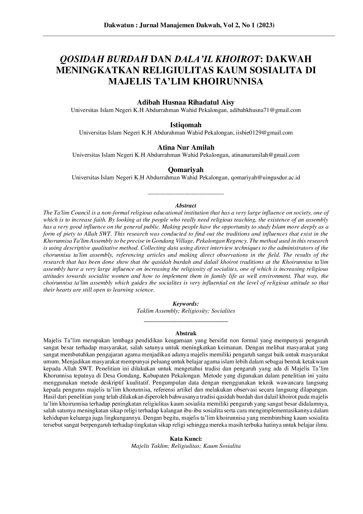 JURIS Qosidah Burdah Dan Dala il Khoirot Dakwah Meningkatkan Religiulitas Kaum Sosialita Di Majelis Ta lim Khoirunnisa