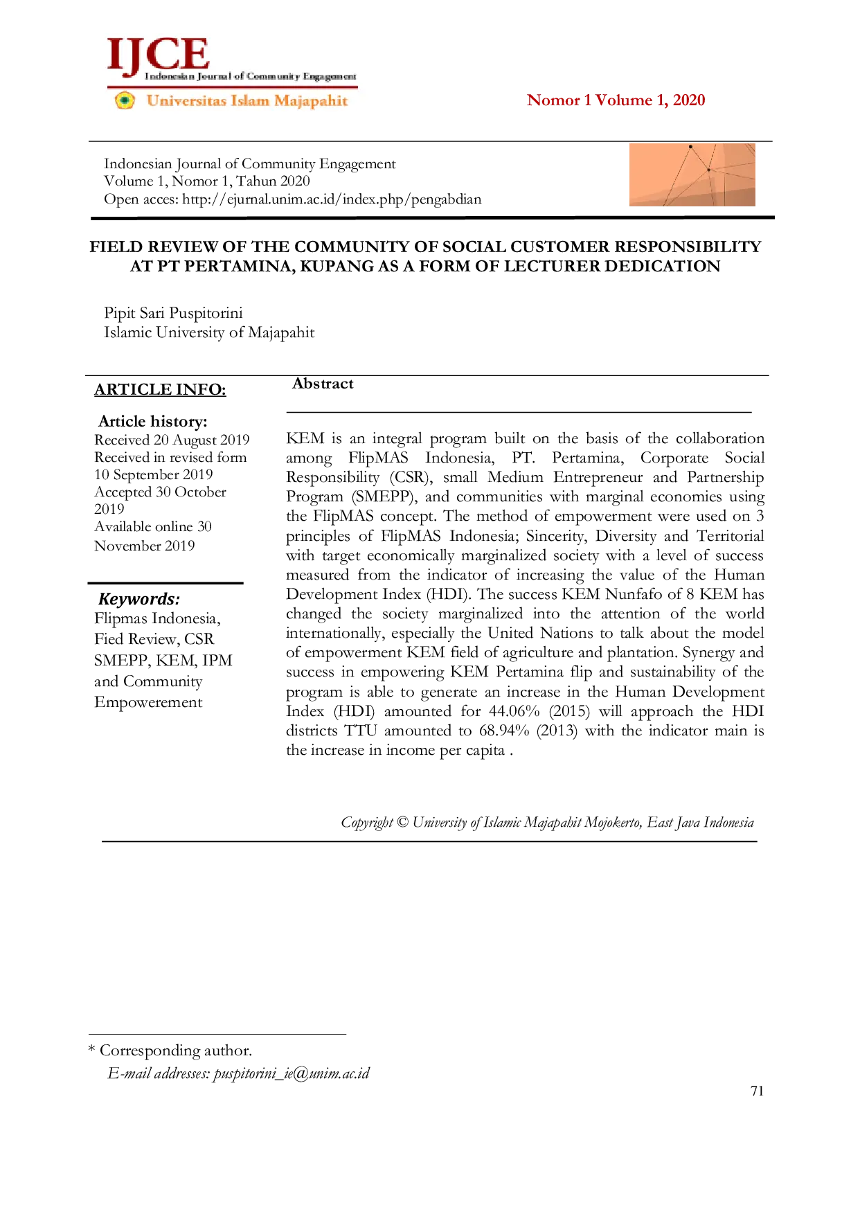 JURIS Field Review of the Community of Social Customer Responsibility at PT Pertamina Kupang as a Form of Lecturer Dedication