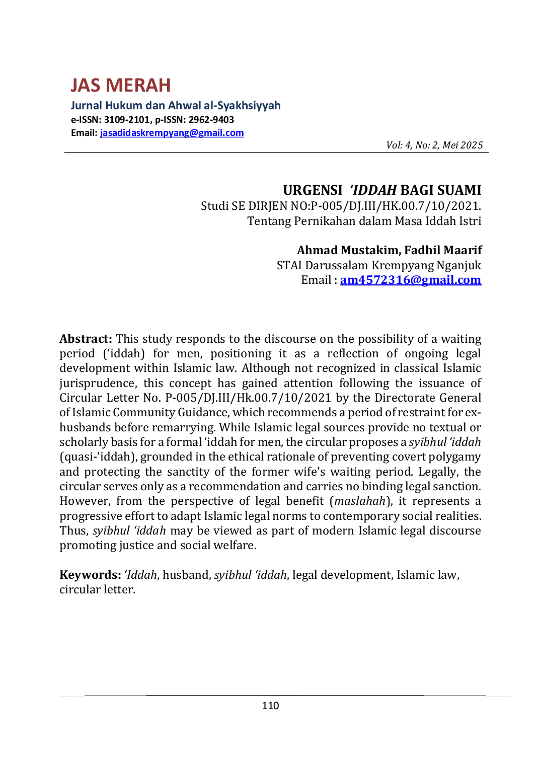 JURIS URGENSI IDDAH BAGI SUAMI DINAMIKA PERKEMBANGAN HUKUM Studi SE DIRJEN NO P 005 DJ III HK 00 7 10 2021 Tentang Pernikahan dalam Masa Iddah Istri