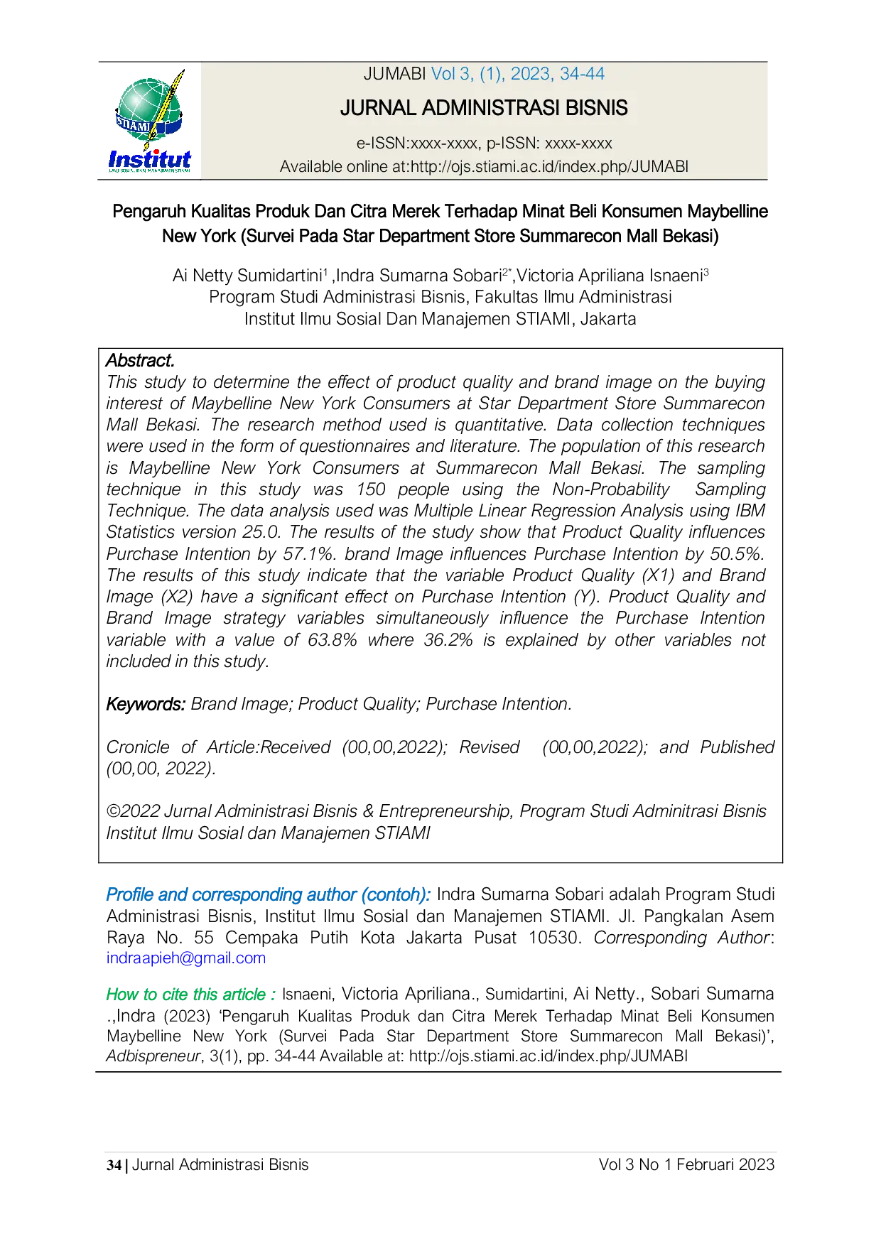 JURIS Pengaruh Kualitas Produk Dan Citra Merek Terhadap Minat Beli Konsumen Maybelline New York Survei Pada Star Department Store Summarecon Mall Bekasi