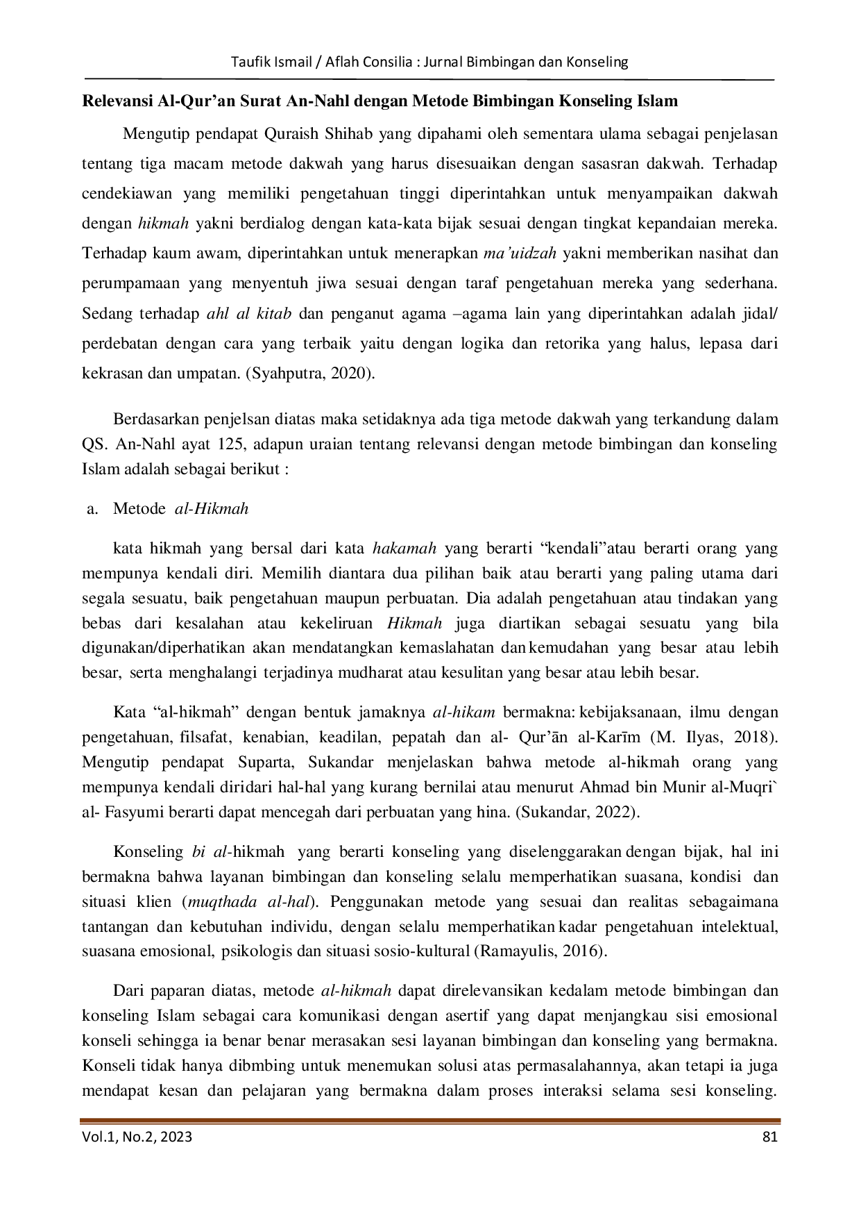 JURIS Relevansi Surat An Nahl Ayat 125 dengan Metode Bimbingan dan Konseling Islam