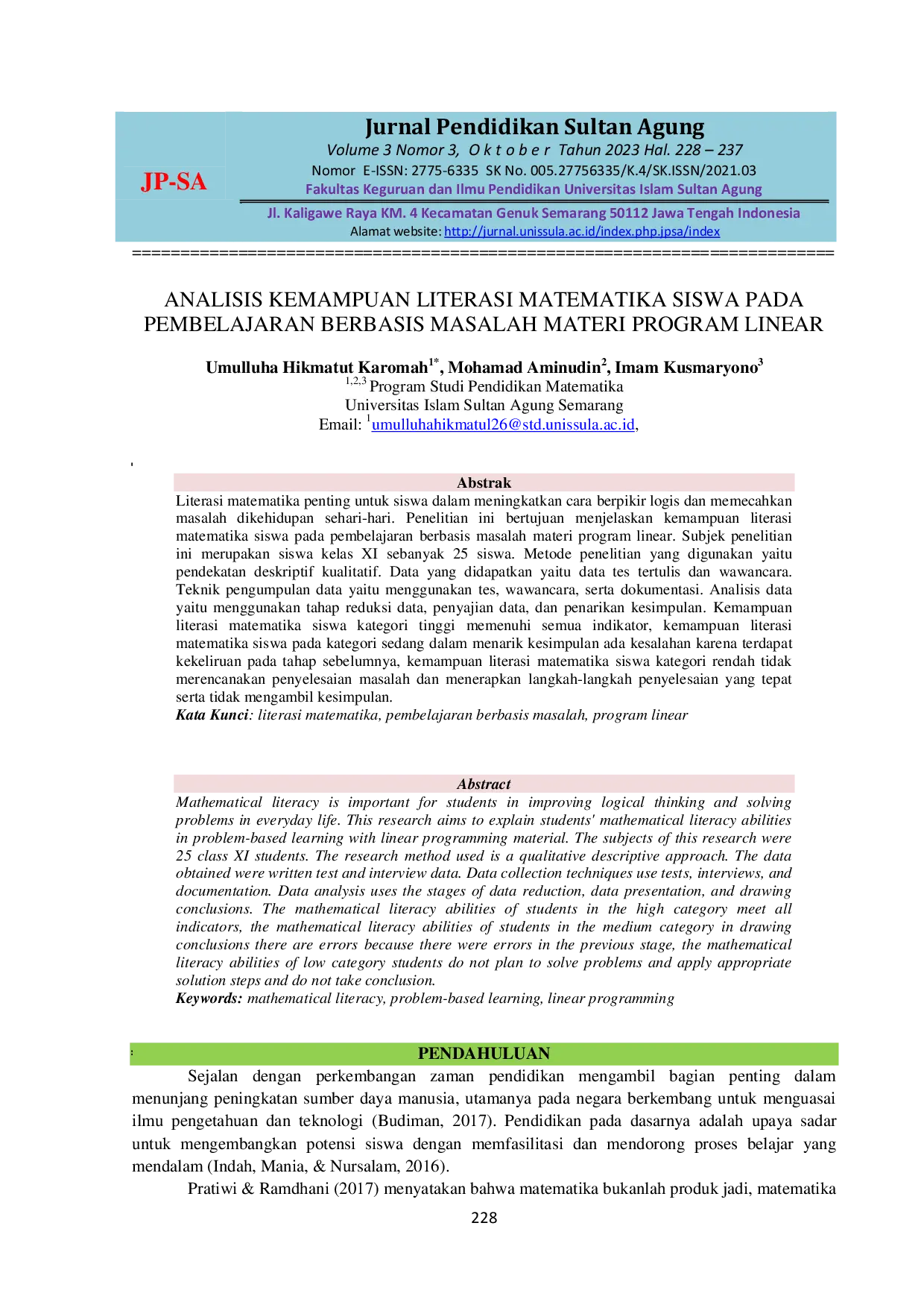JURIS Analisis Kemampuan Literasi Matematika Siswa Kelas XI Pada Pembelajaran Berbasis Masalah Materi Program Linear