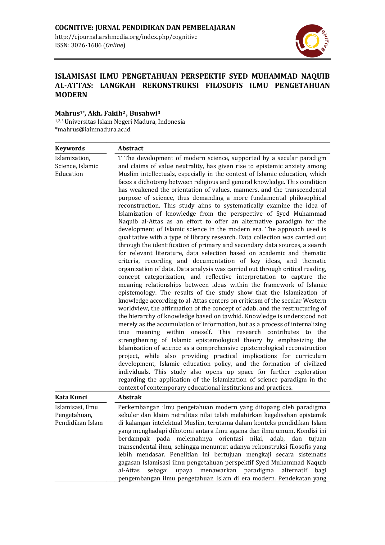 JURIS Islamisasi Ilmu Pengetahuan Perspektif Syed Muhammad Naquib Al Attas Langkah Rekonstruksi Filosofis Ilmu Pengetahuan Modern