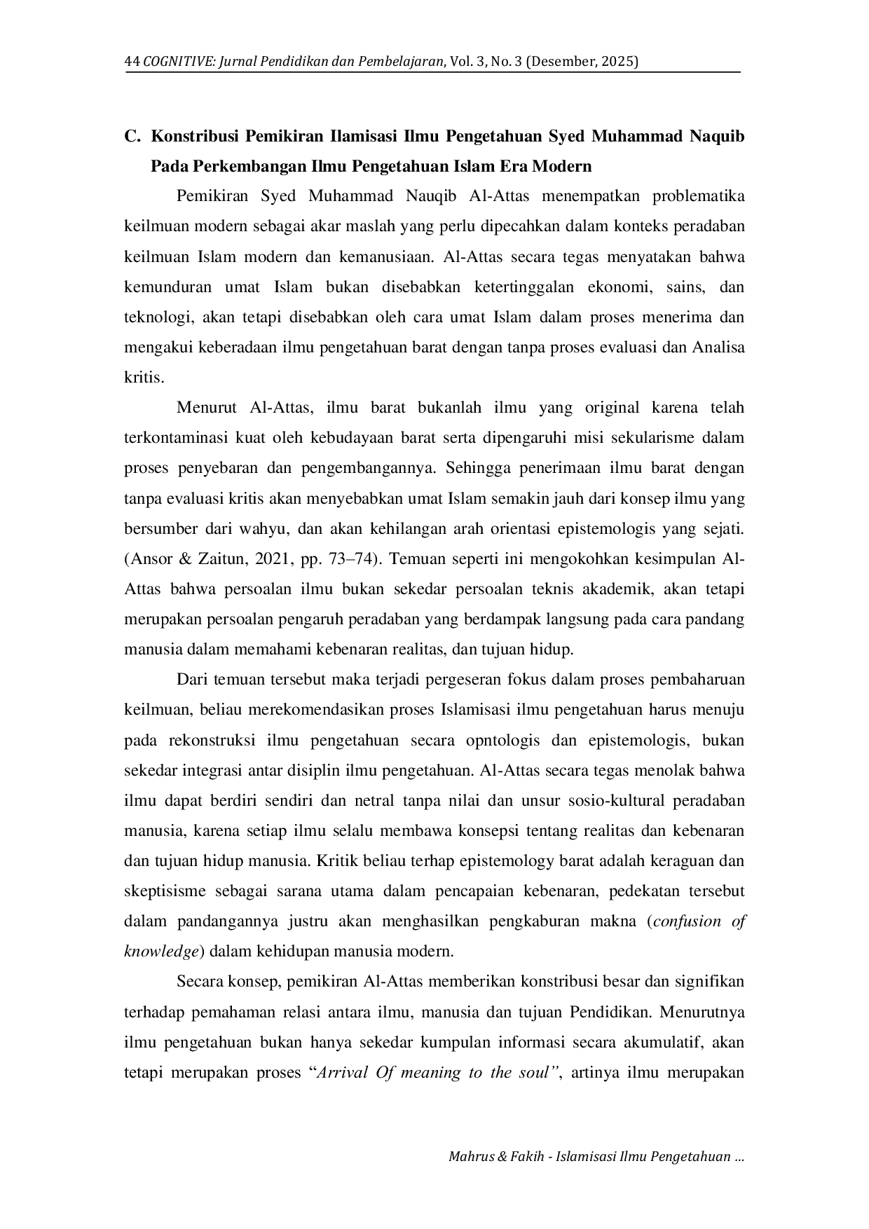 JURIS Islamisasi Ilmu Pengetahuan Perspektif Syed Muhammad Naquib Al Attas Langkah Rekonstruksi Filosofis Ilmu Pengetahuan Modern