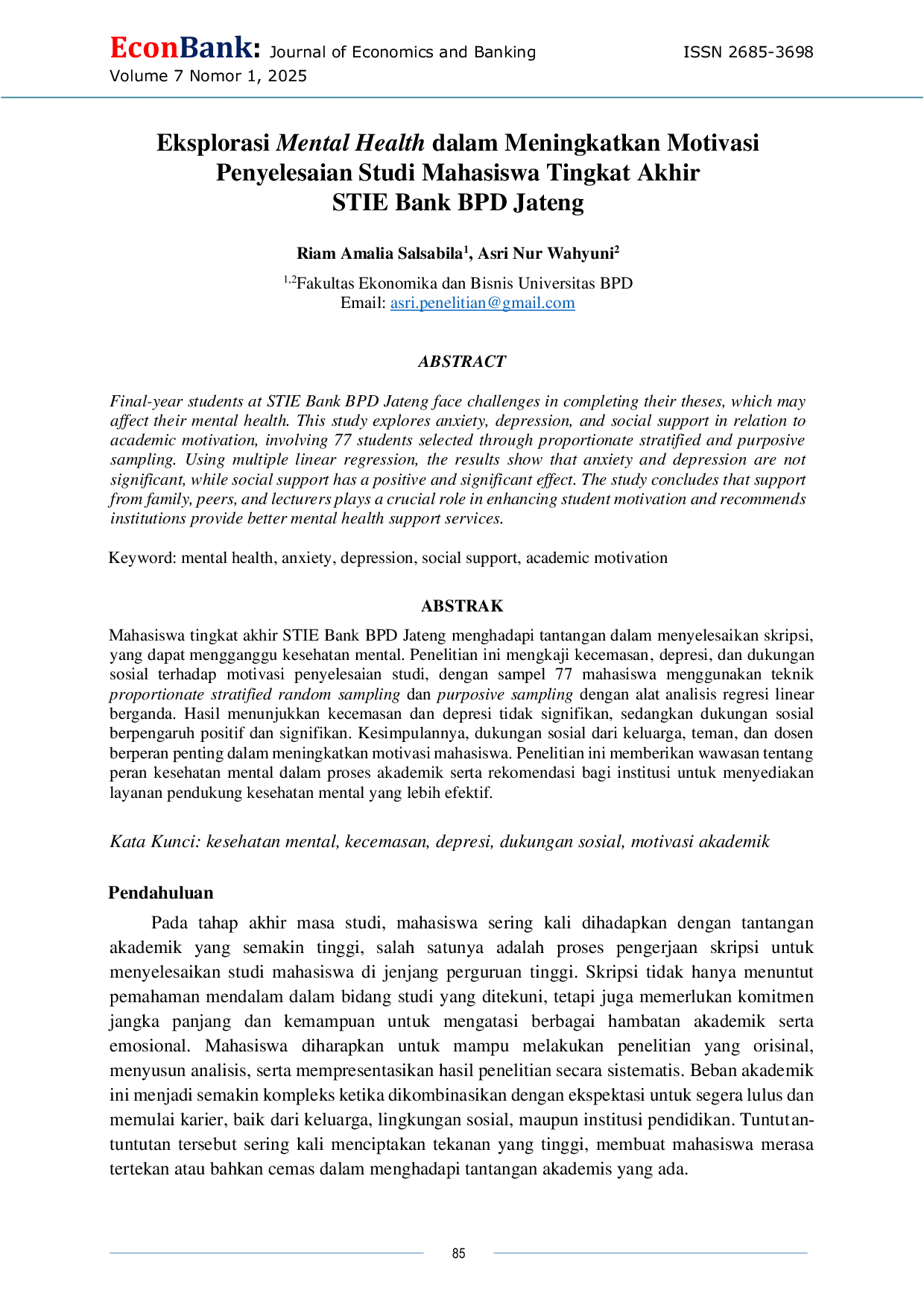 JURIS Eksplorasi Mental Health dalam Meningkatkan Motivasi Penyelesaian Studi Mahasiswa Tingkat Akhir STIE Bank BPD Jateng