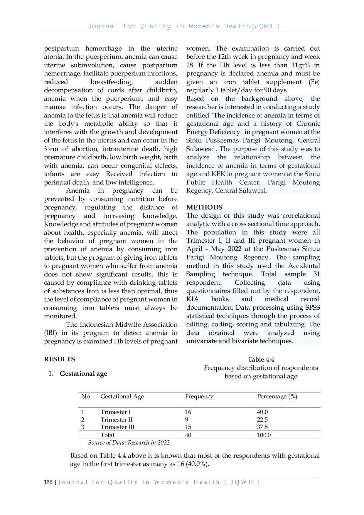JURIS The Incidence of Anemia in Terms of Gestational Age and History of Chronic Energy Deficiency in Pregnant Women