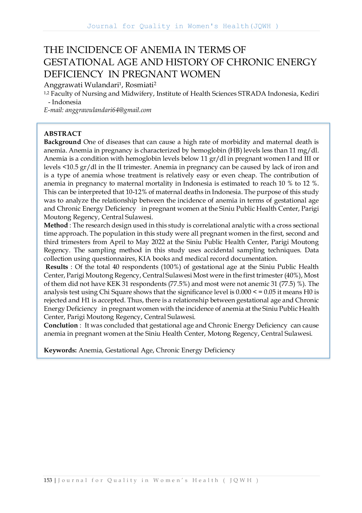 JURIS The Incidence of Anemia in Terms of Gestational Age and History of Chronic Energy Deficiency in Pregnant Women
