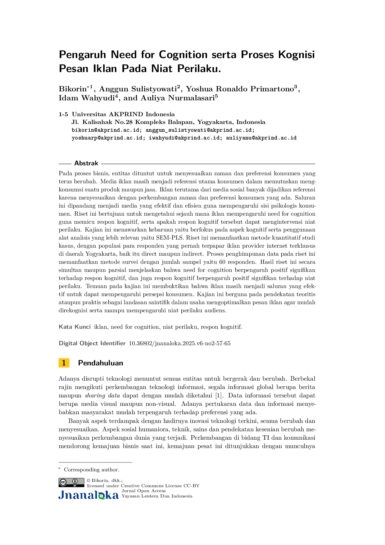 JURIS Pengaruh Need for Cognition serta Proses Kognisi Pesan Iklan pada Niat Perilaku