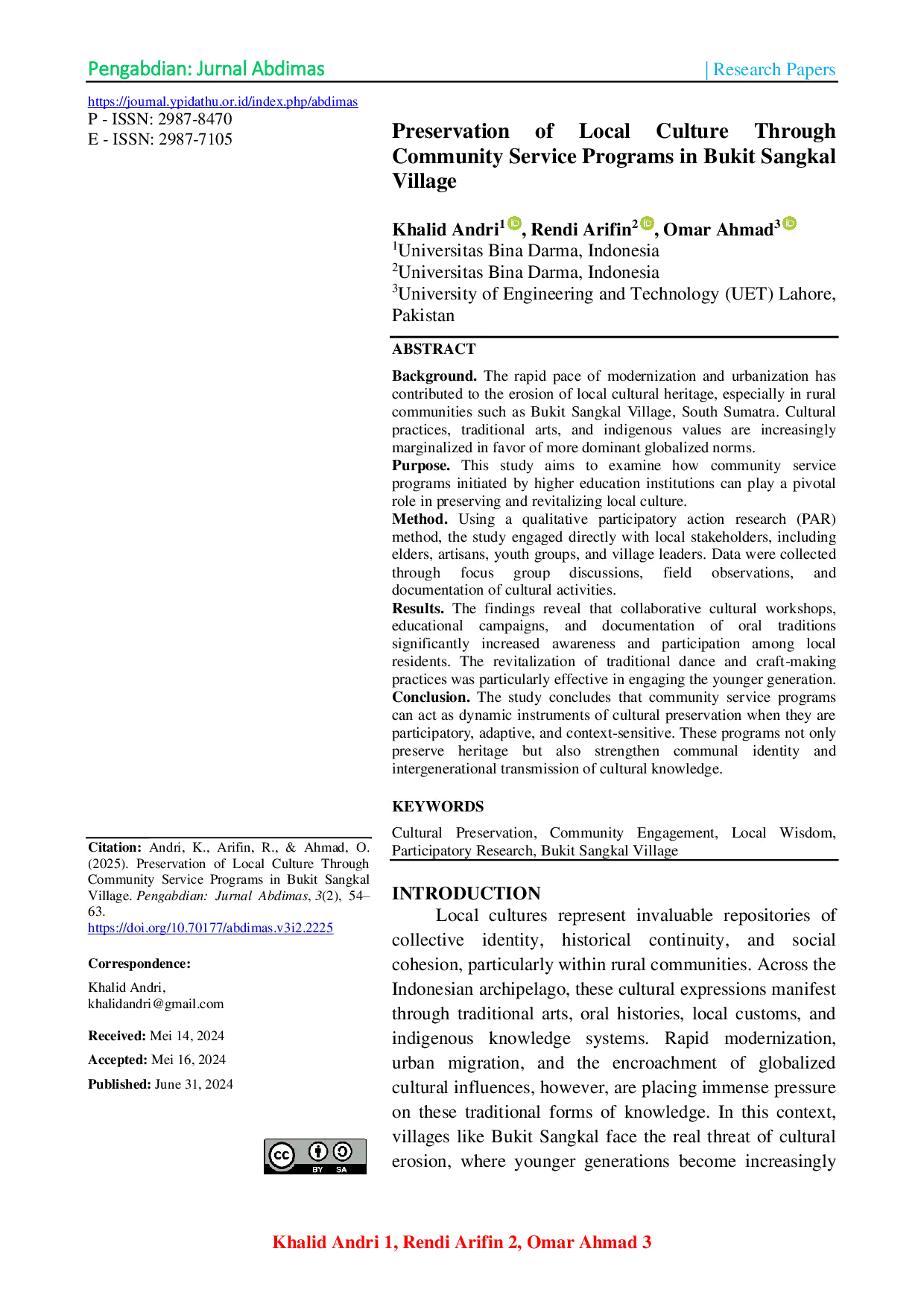 JURIS Preservation of Local Culture Through Community Service Programs in Bukit Sangkal Village