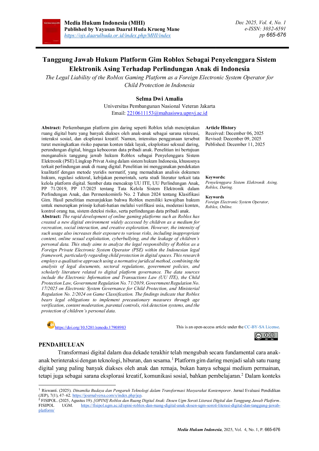 JURIS The Legal Liability of the Roblox Gaming Platform as a Foreign Electronic System Operator for Child Protection in Indonesia