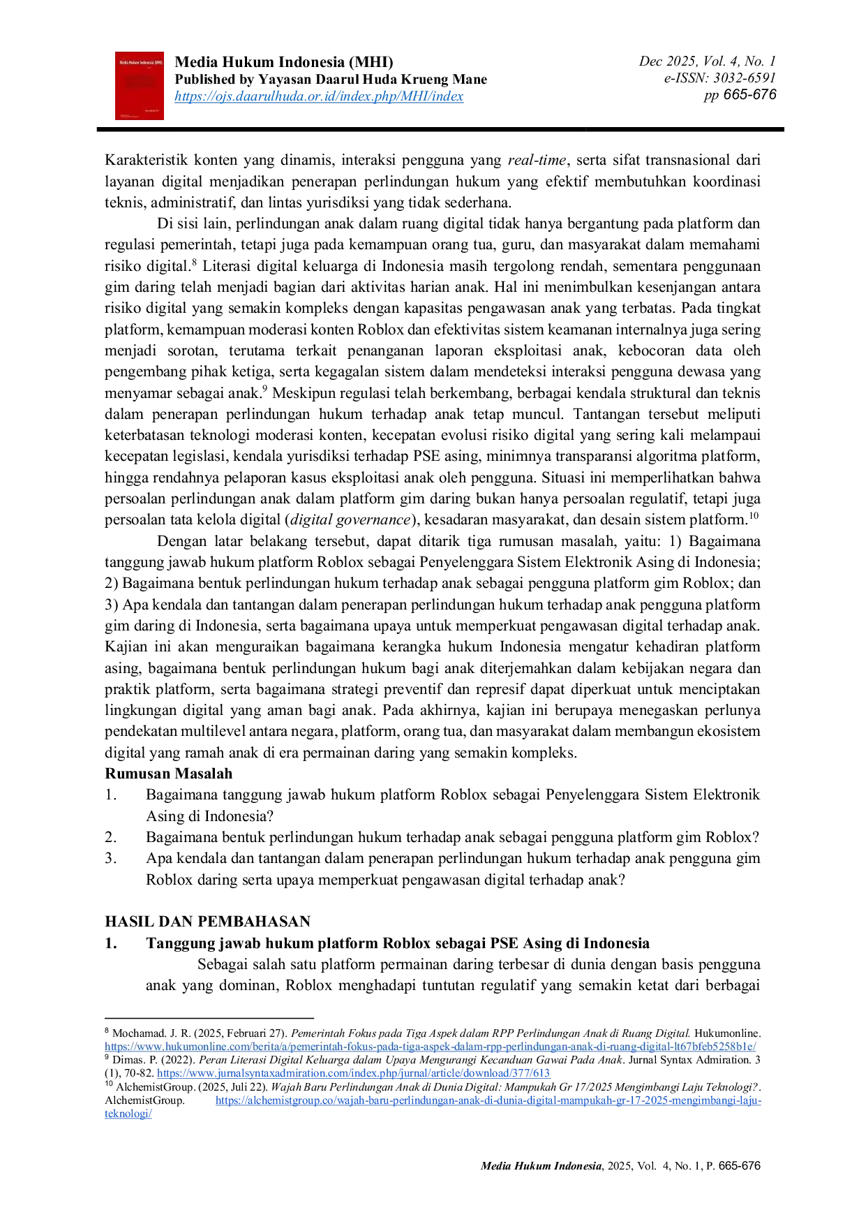 JURIS The Legal Liability of the Roblox Gaming Platform as a Foreign Electronic System Operator for Child Protection in Indonesia