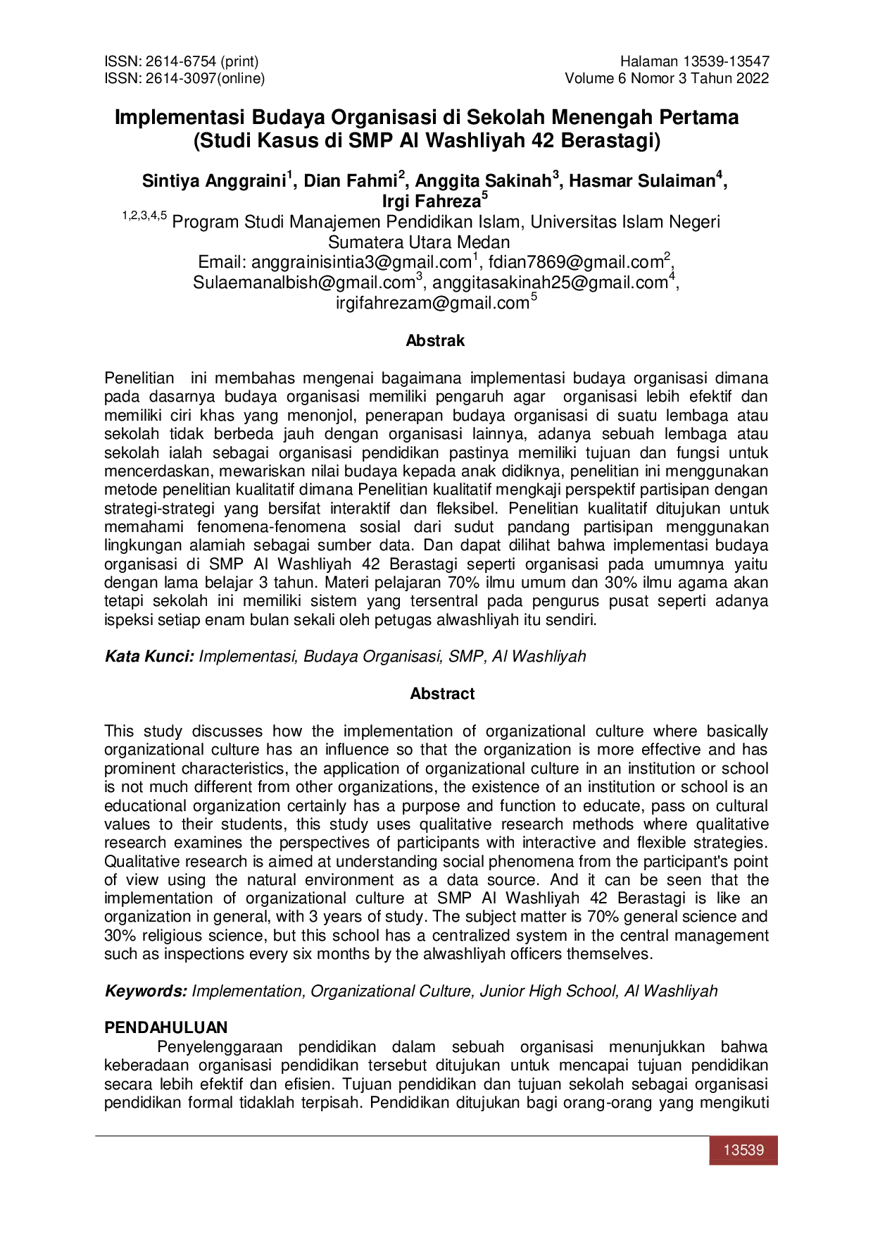 JURIS Implementasi Budaya Organisasi di Sekolah Menengah Pertama Studi Kasus di SMP Al Washliyah 42 Berastagi