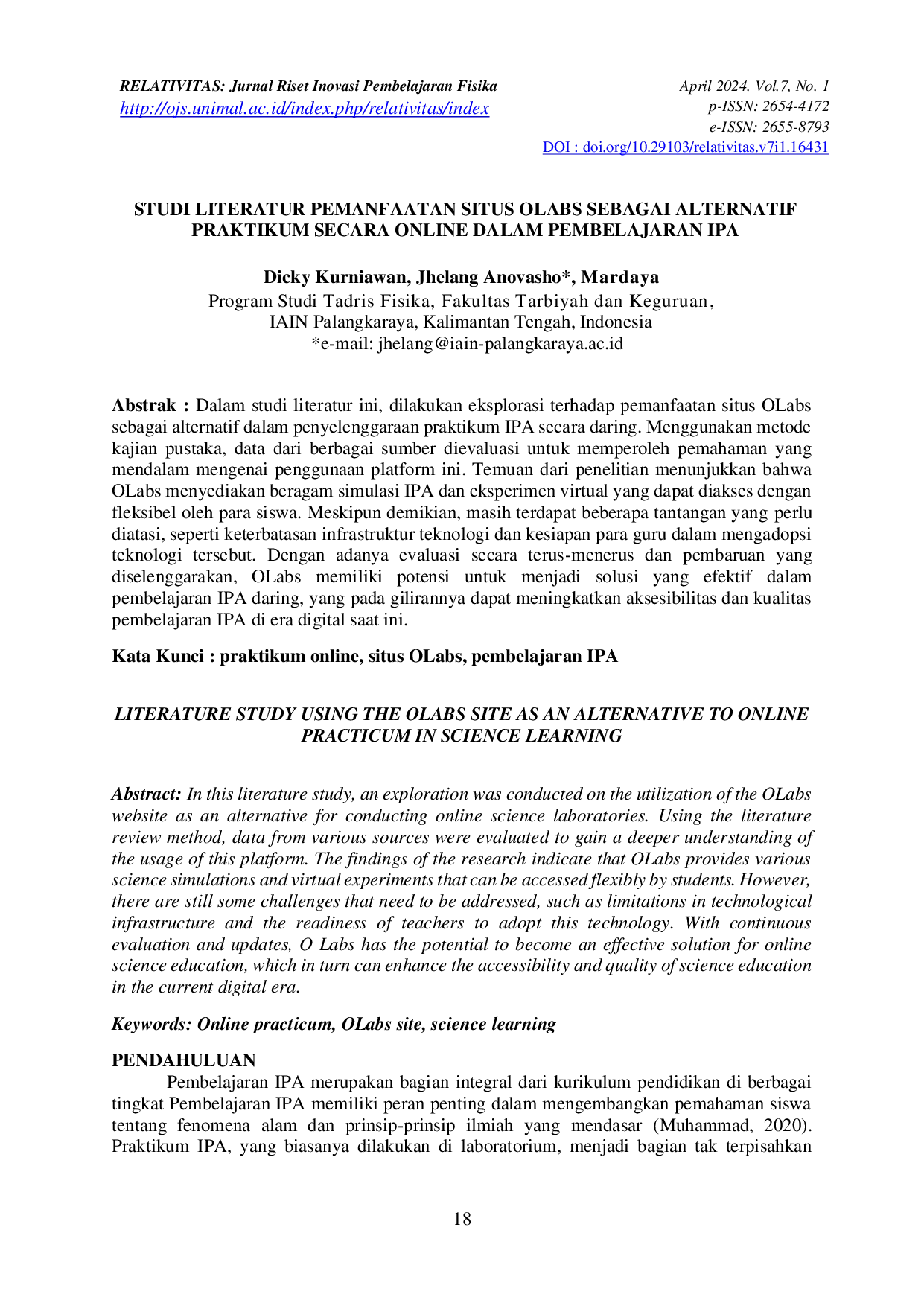 JURIS Studi Literatur Pemanfaatan Situs OLabs Sebagai Alternatif Praktikum Secara Online Dalam Pembelajaran IPA
