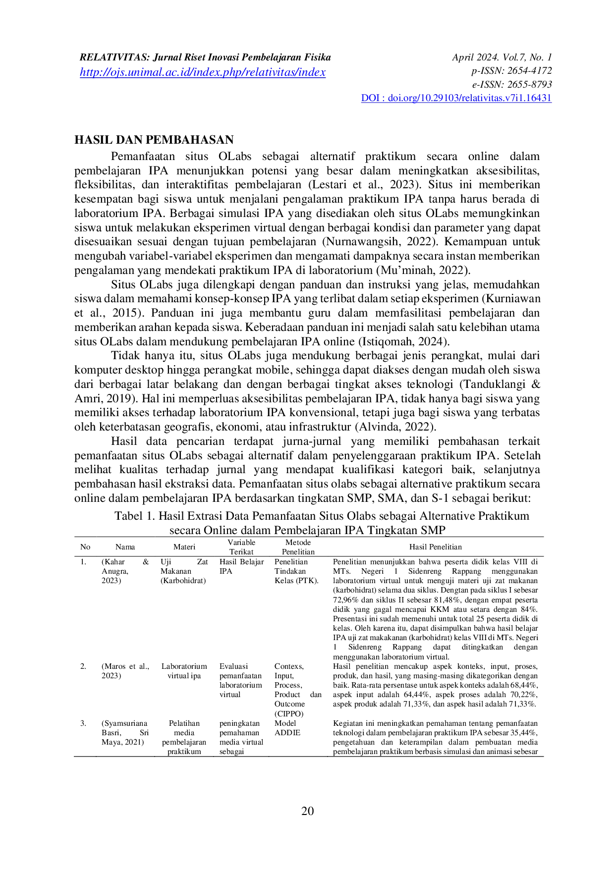 JURIS Studi Literatur Pemanfaatan Situs OLabs Sebagai Alternatif Praktikum Secara Online Dalam Pembelajaran IPA