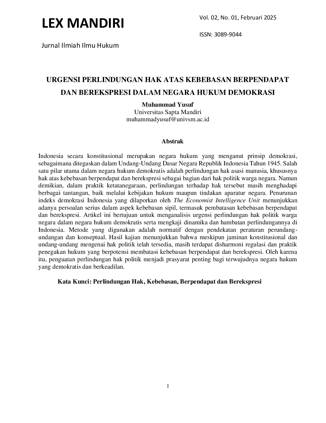JURIS Urgensi Perlindungan Hak Atas Kebebasan Berpendapat Dan Berekspresi Dalam Negara Hukum Demokrasi