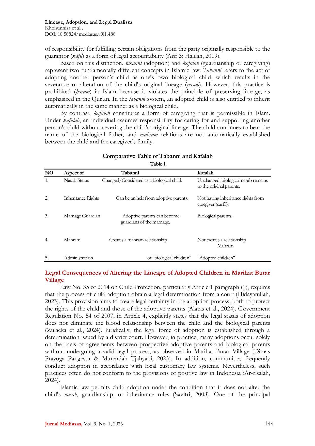 JURIS Lineage Adoption and Legal Dualism A Case Study of the Inclusion of Adopted Children in Family Cards in Marihat Butar Village Simalungun