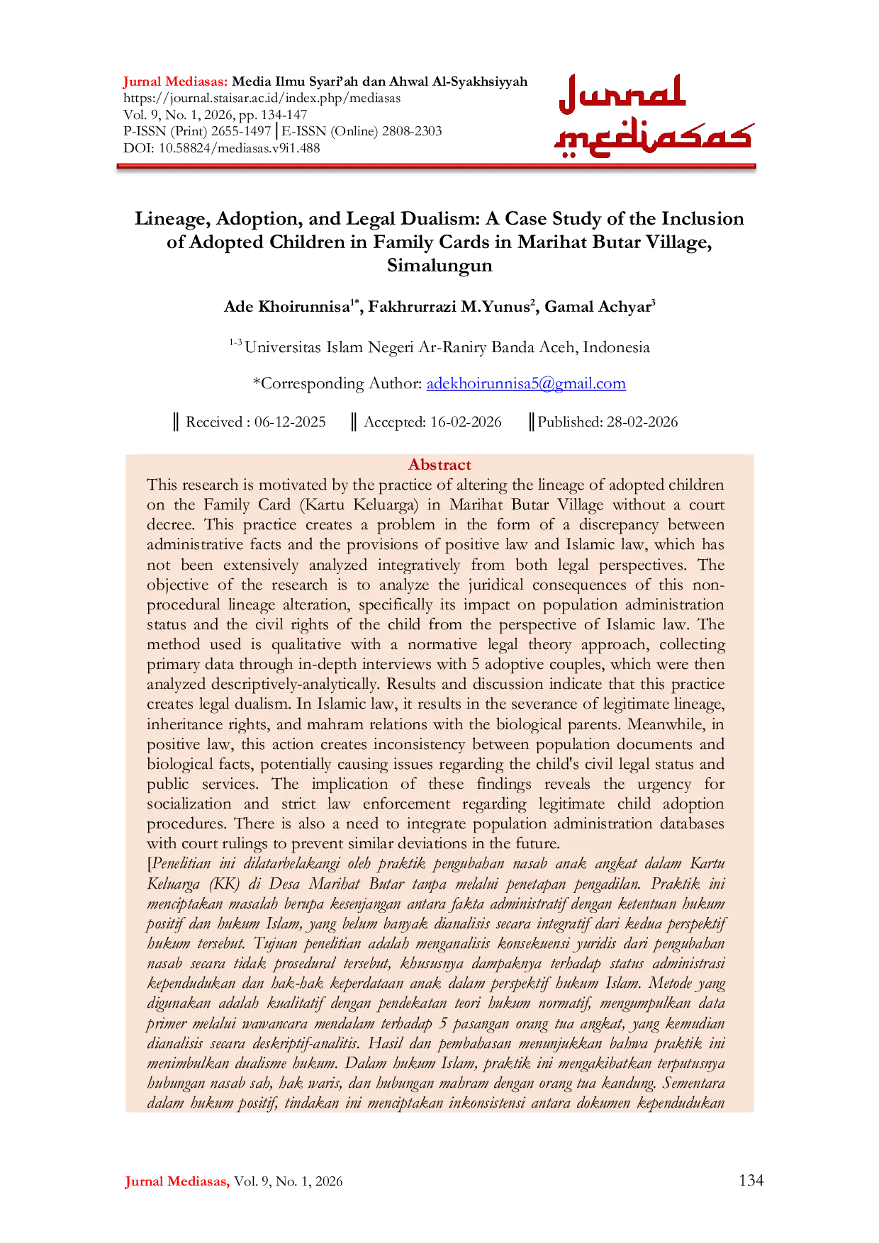 JURIS Lineage Adoption and Legal Dualism A Case Study of the Inclusion of Adopted Children in Family Cards in Marihat Butar Village Simalungun