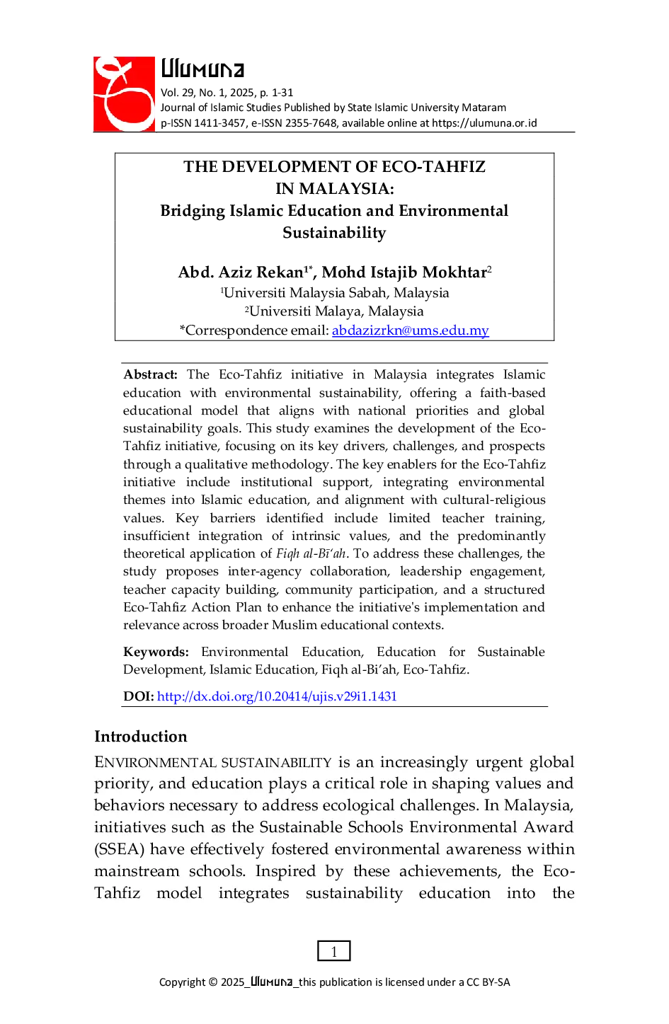 JURIS The Development of Eco Tahfiz In Malaysia Bridging Islamic Education and Environmental Sustainability