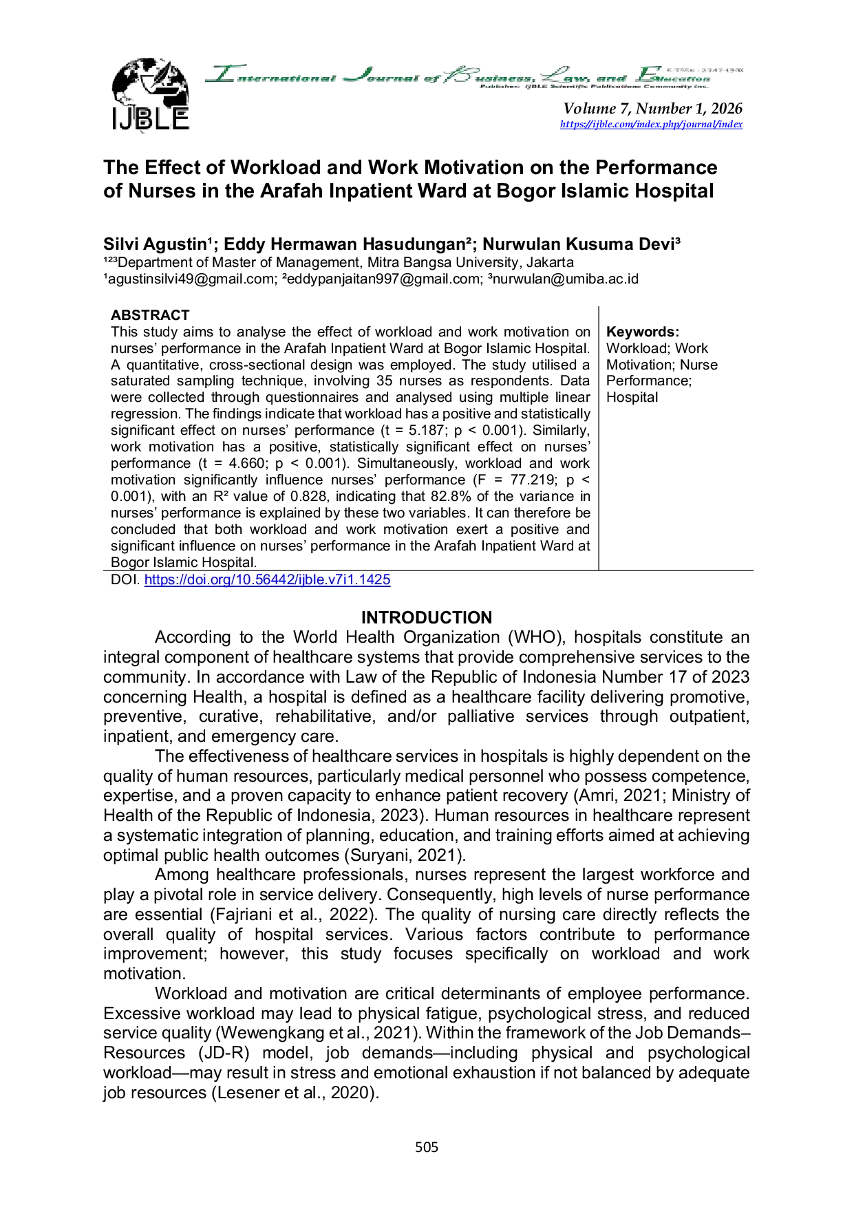 JURIS The Effect of Workload and Work Motivation on the Performance of Nurses in the Arafah Inpatient Ward at Bogor Islamic Hospital
